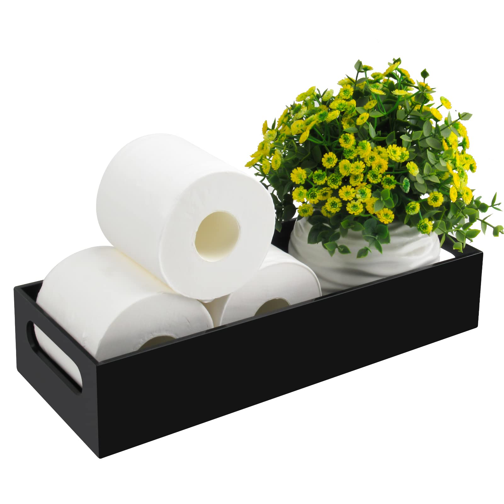 Tasybox Acrylic Toilet Paper Holder with Storage - Black Bathroom Vanity Tray with Handles, Toilet Tank Organizer for Home Decor | Perfect for Small Bathrooms & Space-Saving Storage Solutions
