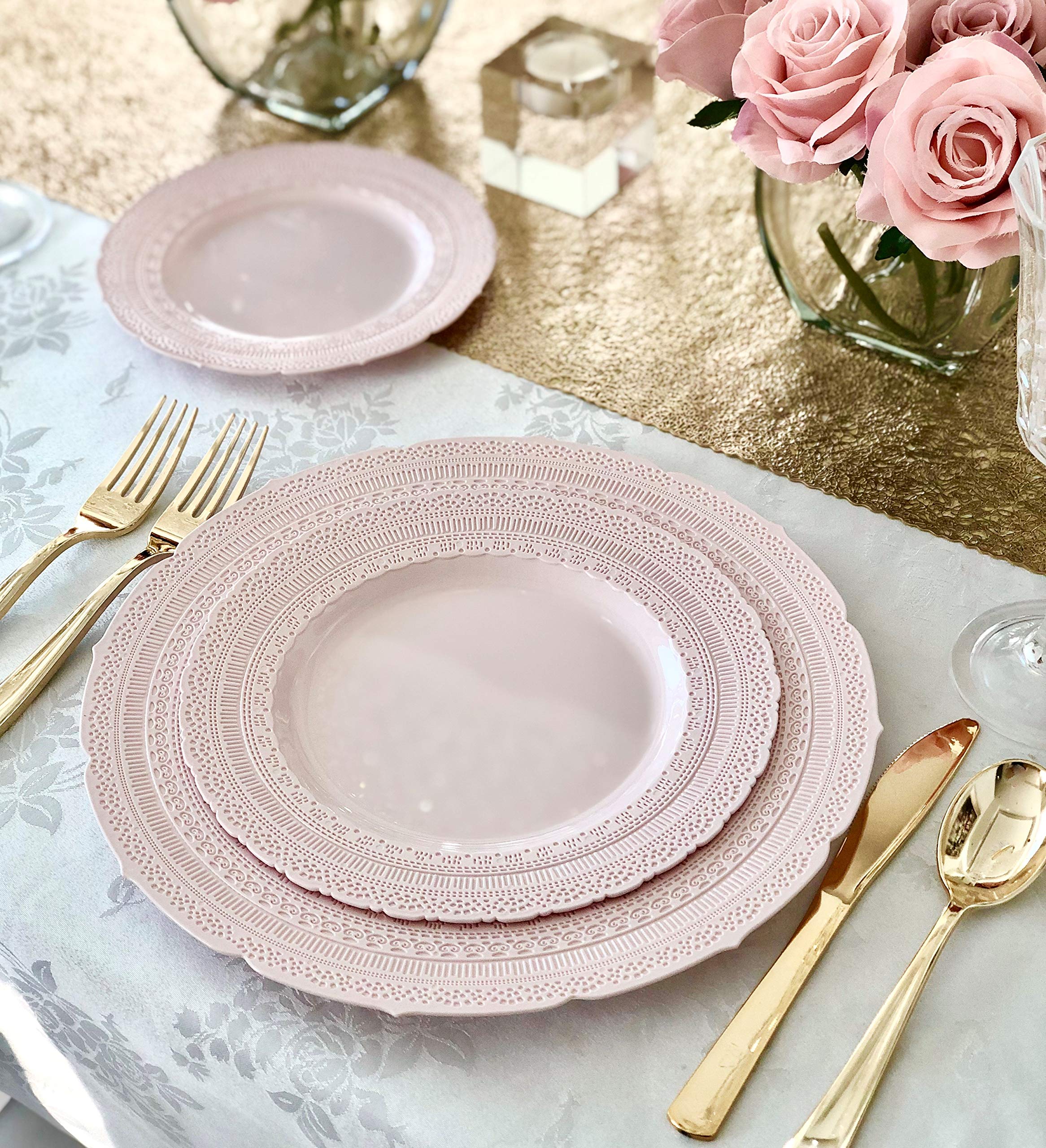 240-Pack Heavyweight Vintage Disposable Plastic Plates - 7'' Chateau Blush Pink Dessert Plates for Wedding, Party & Special Occasions | Elegant & Durable Tableware for Catering, Picnics & Events