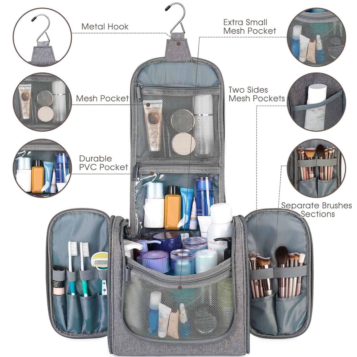 **Large Grey Hanging Toiletry Bag for Women & Men – Travel Makeup Organizer with Multiple Pockets for Cosmetics, Toiletries & Essentials – Perfect for Air Travel, Camping & Gym**
