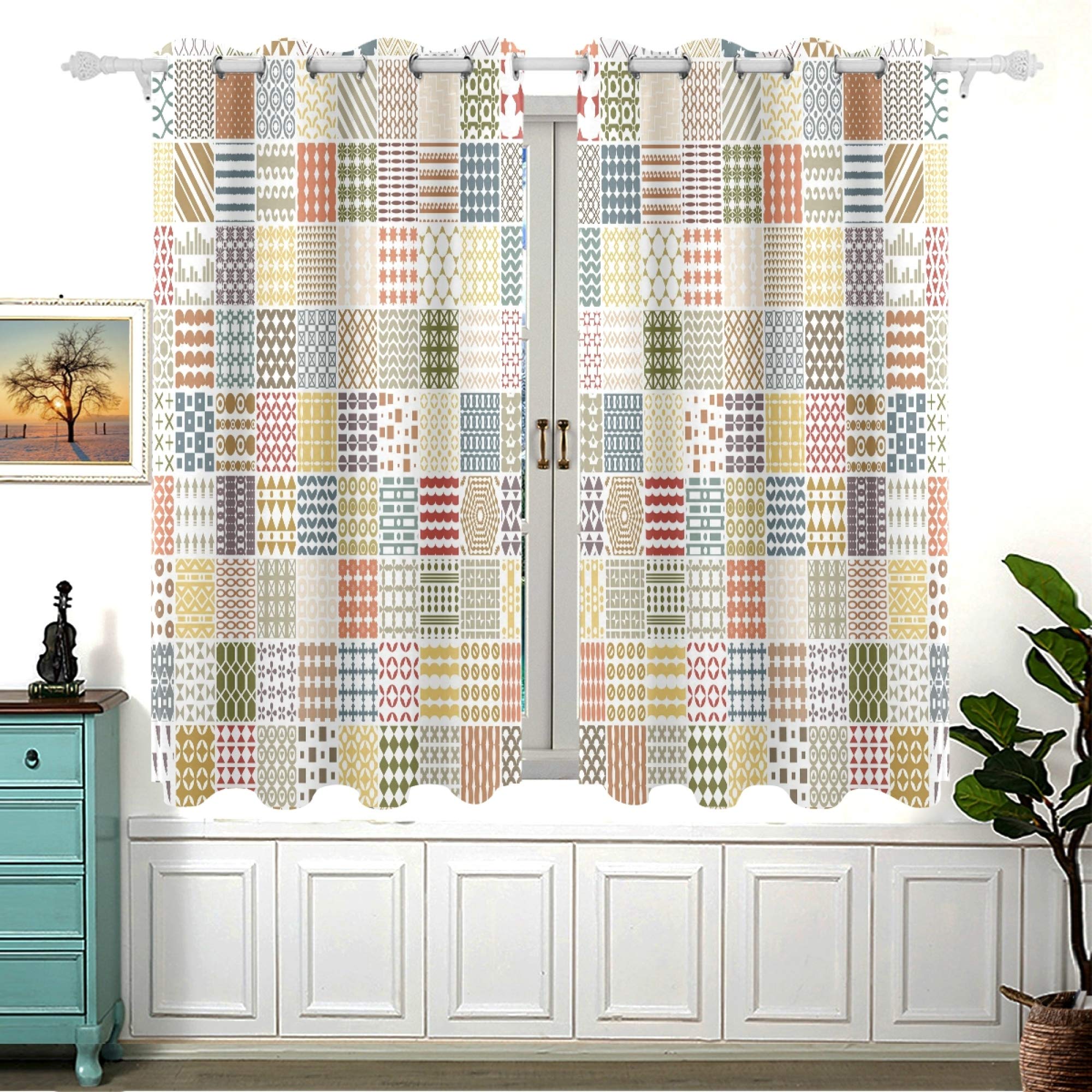 Blackout Curtains 2 Panels - MNSRUU Room Darkening Window Drapes with Grommets, 54 Inch Length, Retro Boho Pattern for Bedroom & Living Room - Perfect for Light Blocking, Privacy & Home Decor