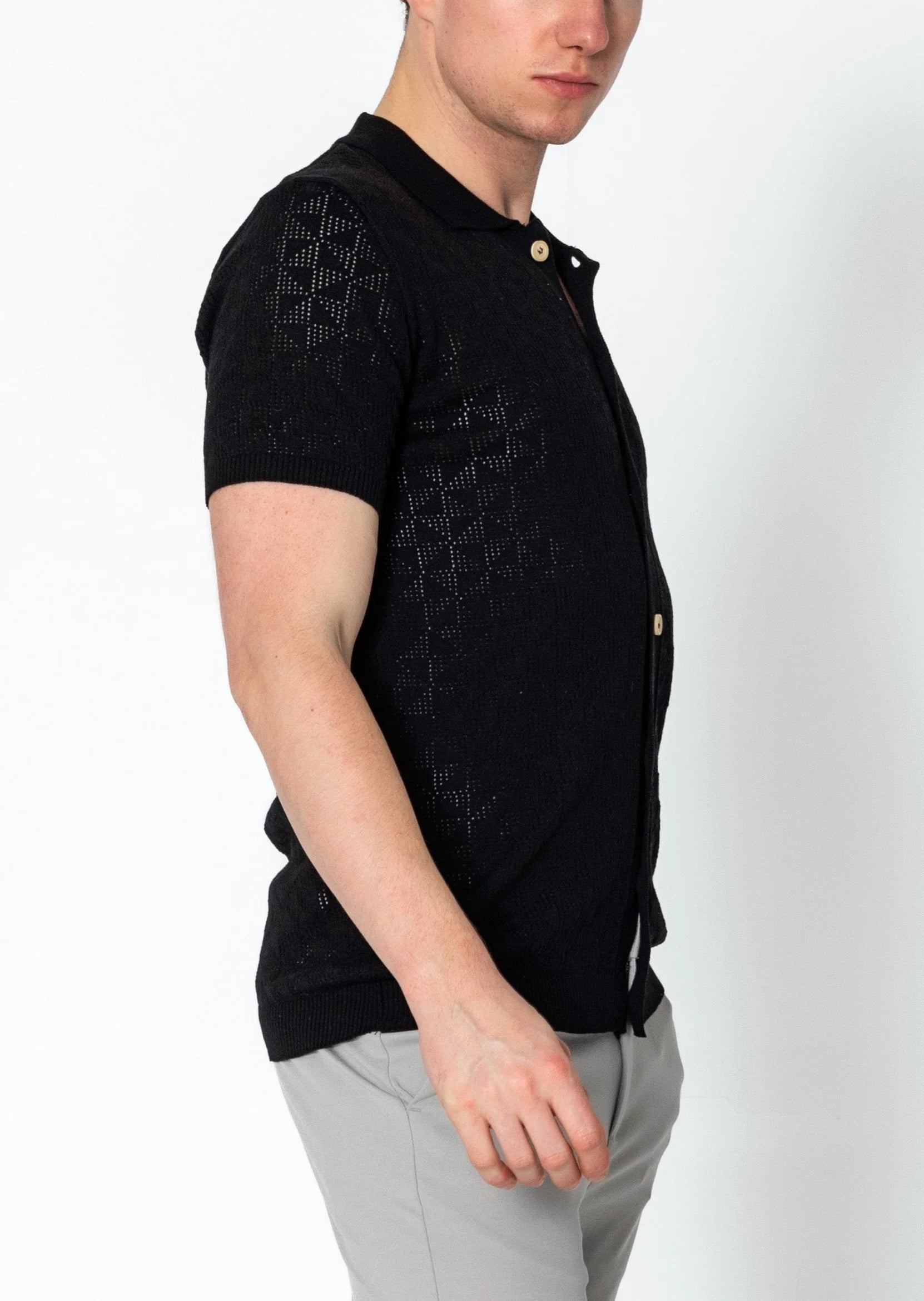 Geometric Crochet Polo Shirt for Men - Trendy Black Cotton Knit Top with Unique Design | Perfect for Casual Outings, Beach Vacations & Summer Fashion