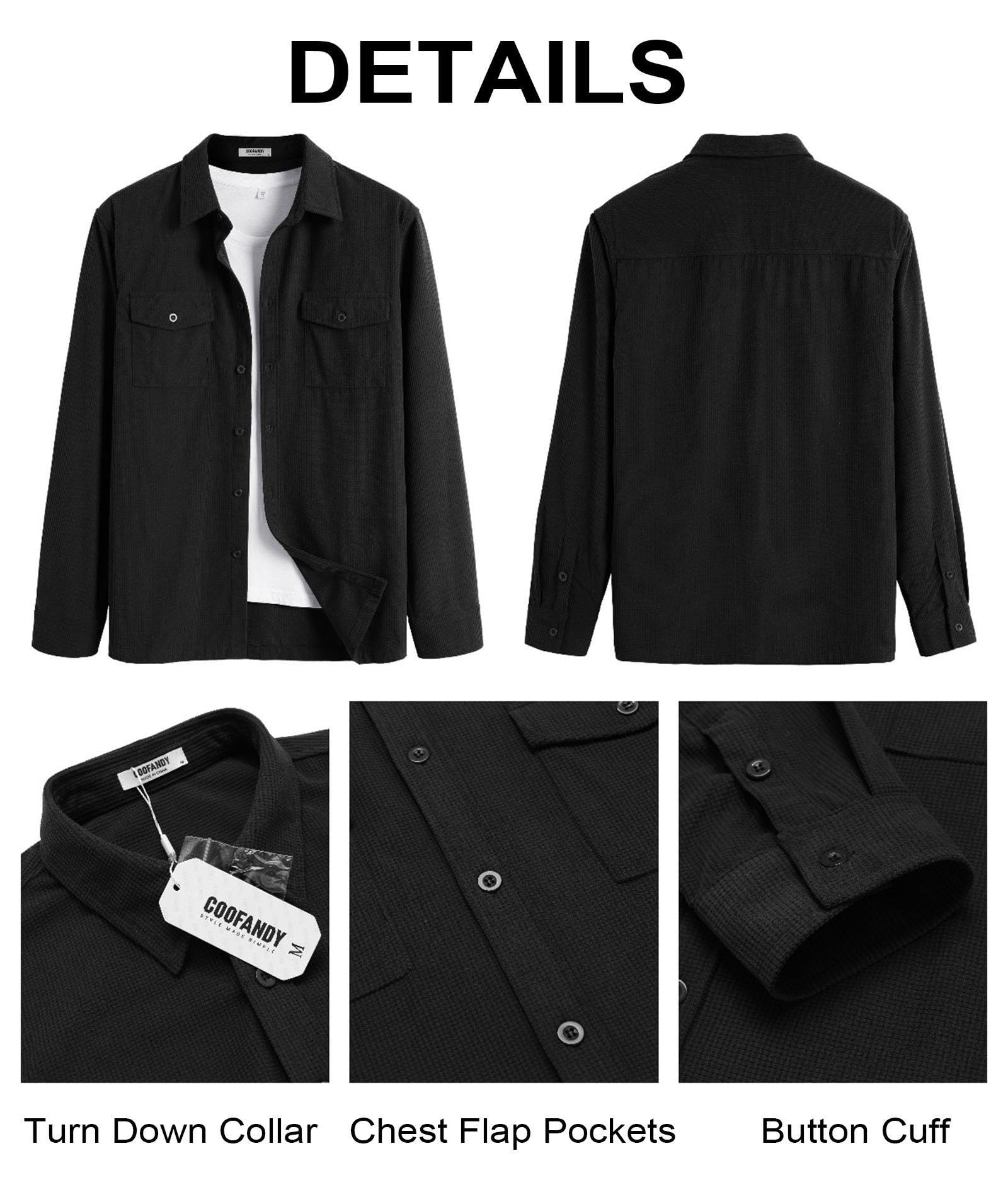 COOFANDY Men's Lightweight Waffle Shirt Jacket - Long Sleeve Button Down Shacket with Flap Pockets | Casual Overshirt for Work, Date Night & Outdoor Activities