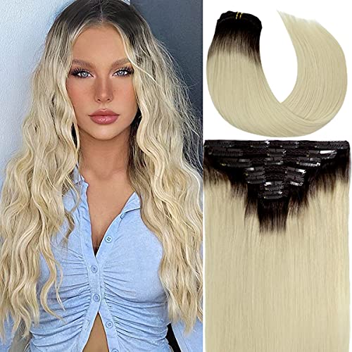 Caliee 16inch Clip-In Human Hair Extensions - Dark Brown #2 to Platinum Blonde #60 Ombre, 120g Straight Thick Natural Hair for Women | Perfect for Parties, Weddings & Daily Styling