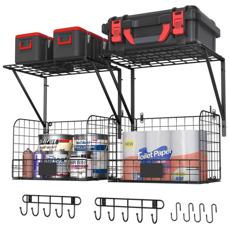 2 Pack Heavy Duty Wall Mounted Garage Shelves with Wire Baskets & Hooks - Sturdy Metal Storage Shelving for Tools, Garden Supplies & Garage Organization - Perfect for Home, Workshop & DIY Storage Solutions