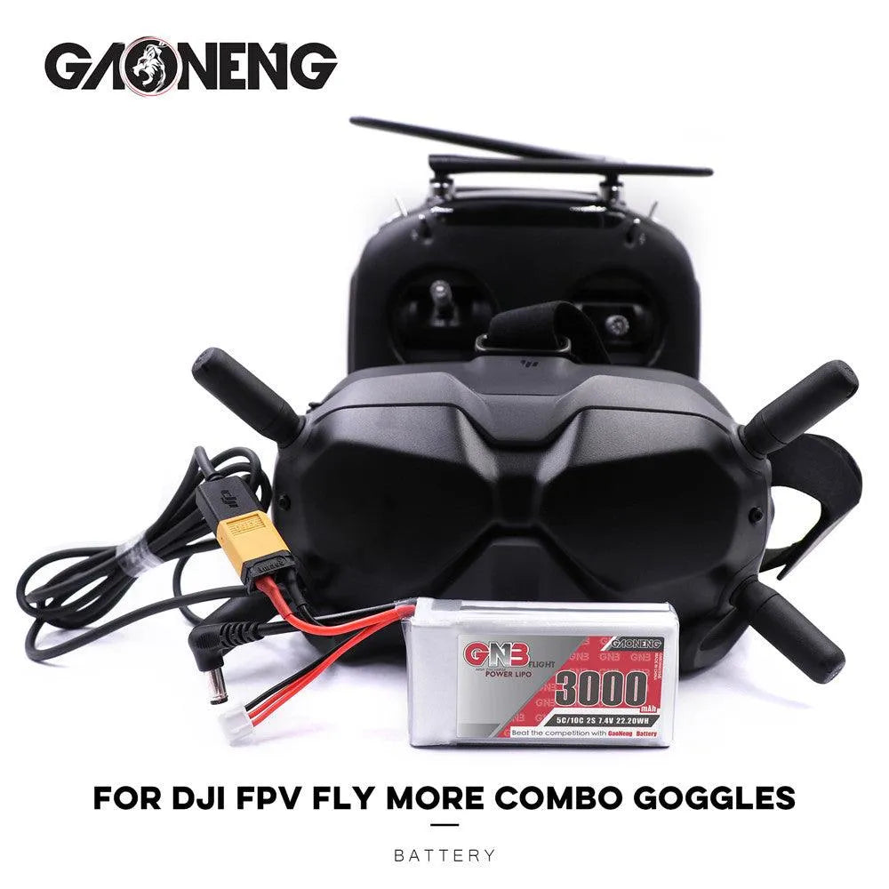 GAONENG 3000mAh 2S 7.4V LiPo Battery with XT60 Plug & DC 5.5*2.1mm Connector - Compatible with Fat Shark HD Goggles, FPV Drones, and RC Cars - Perfect for Extended Flight Time and High-Performance RC Applications
