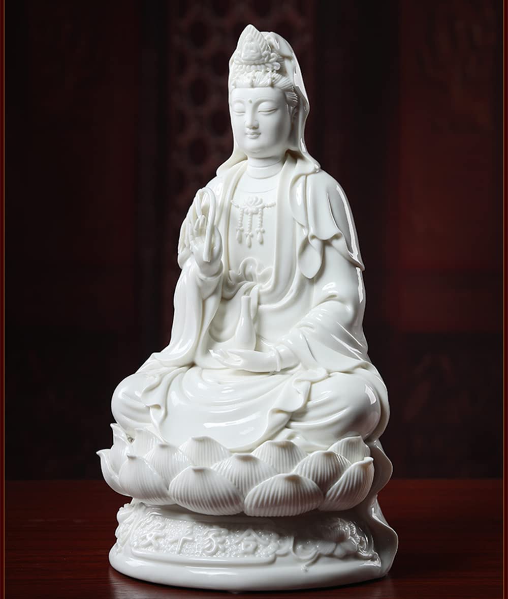 11 Inch White Guan Yin Statue - Buddhist Avalokiteshvara Kuanyin on Lotus - Chinese Feng Shui Decor for Home Altar, Meditation Room & Office (Best Spiritual Gift)