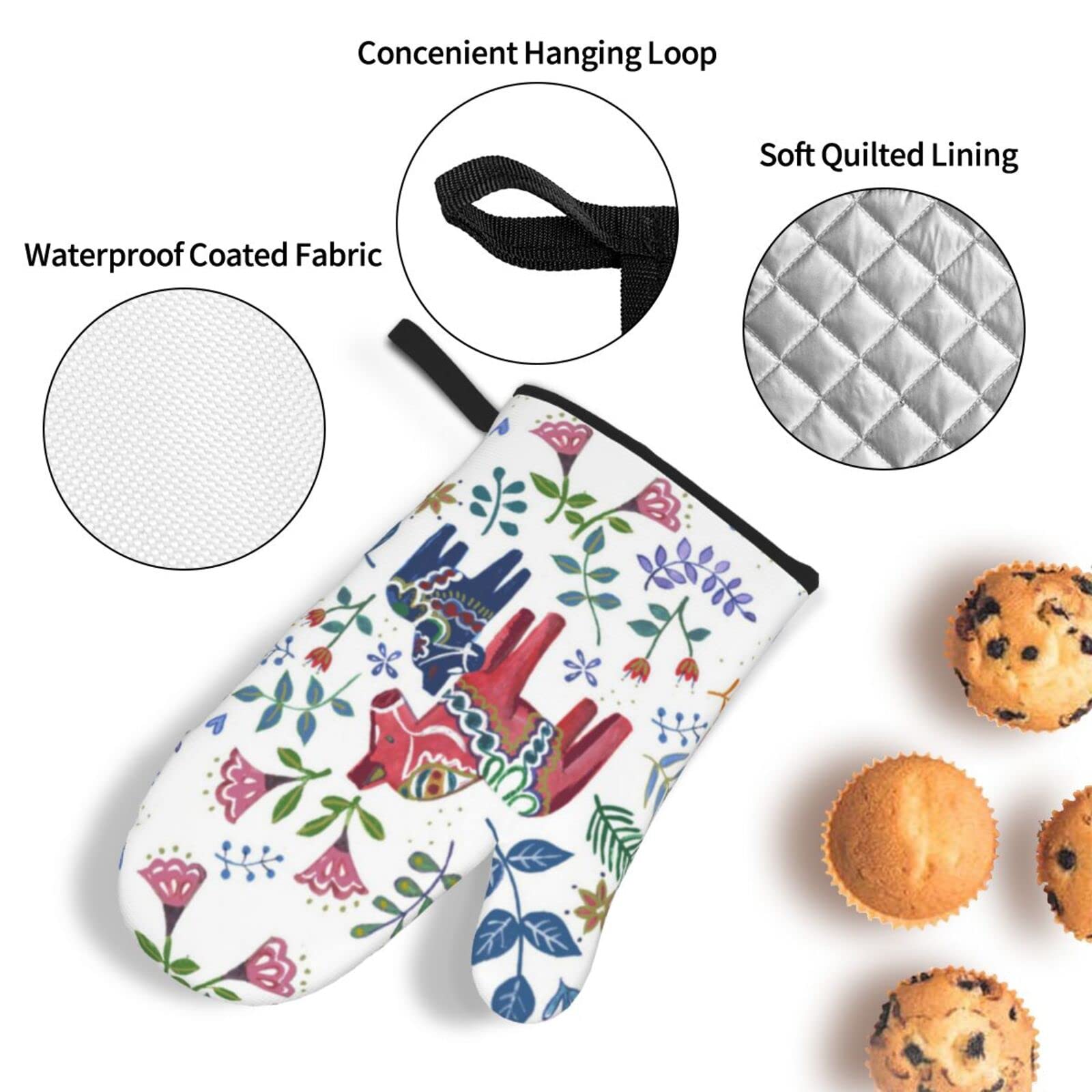 Floral Swedish Dala Horse Oven Mitts & Pot Holders Set - Heat Resistant Kitchen Gloves for Cooking, Baking, Grilling & BBQ - Perfect for Swedish-Themed Kitchens & Home Decor