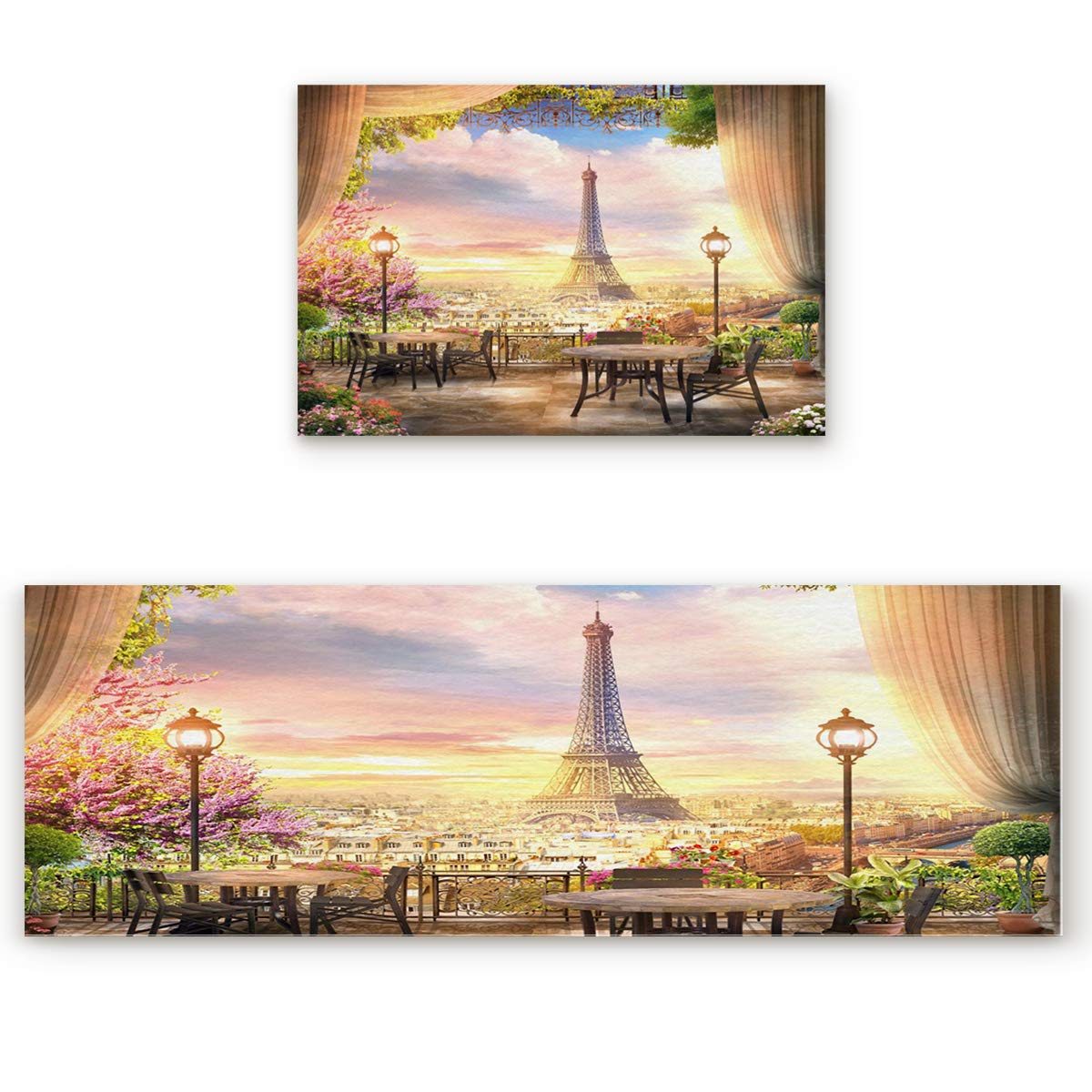 2-Piece Kitchen Rugs and Mats Set - Non-Slip Balcony Sunset Blue Sky Clouds Design with Paris Tower - 19.7x31.5in & 19.7x47.2in - Perfect for Kitchen, Bathroom, Laundry, Sink or Office - Adds Style to Floors While Protecting from Spills and Drips
