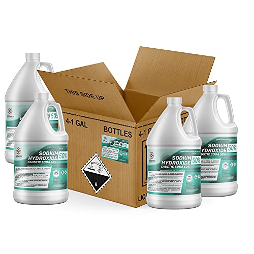 50% Sodium Hydroxide Solution - 4 Gallon (4 x 128 FL Oz Bottles) - Liquid Caustic Soda/Lye for Soap Making, Drain Cleaning, Paper Production, Textile Dyeing & Petroleum Processing - Ideal for Industrial, Laboratory & Home Use