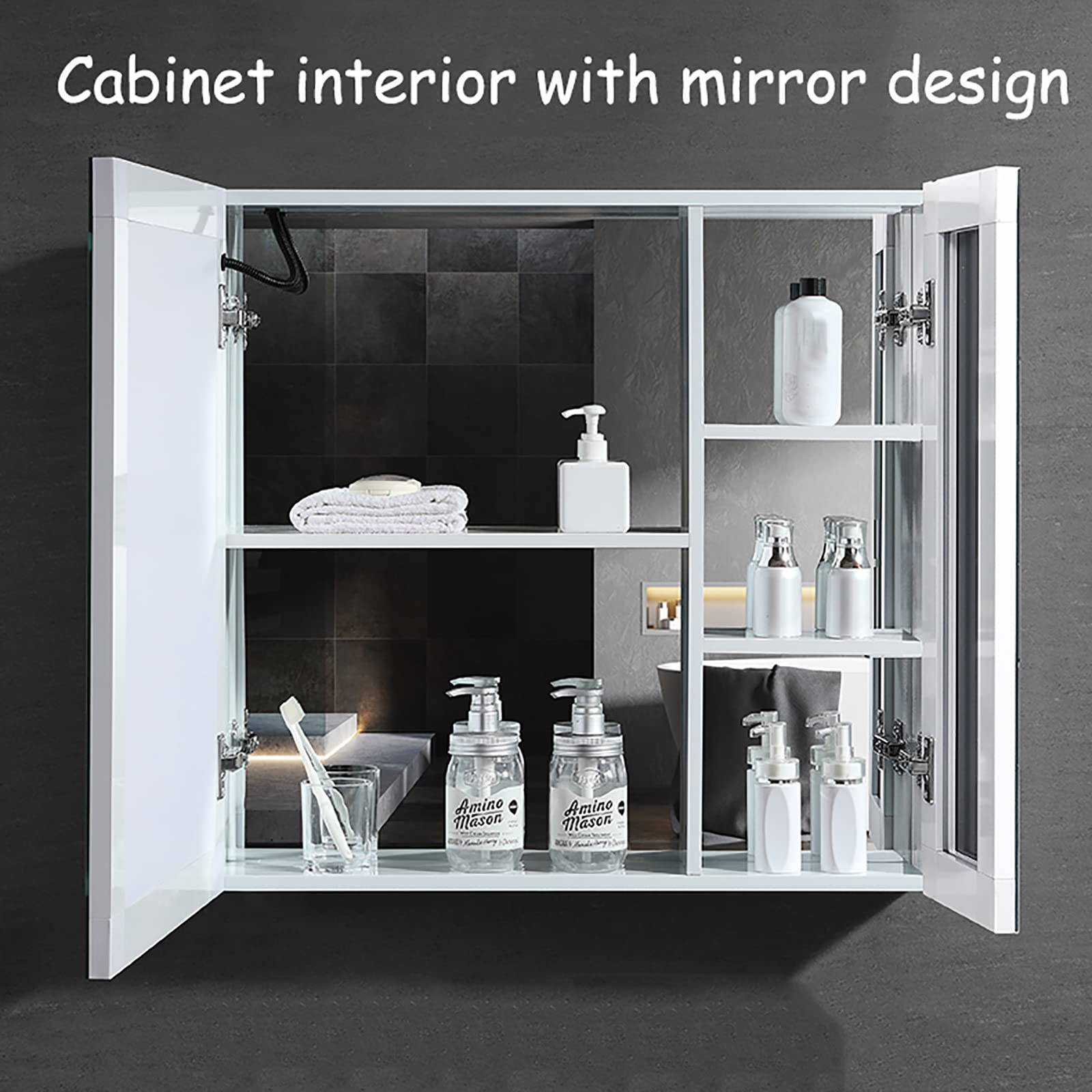 CAYJ Wall Mounted Bathroom Cabinet with Double Mirror Doors - Frameless Medicine Cabinet with Storage Shelves, Recessed or Surface Mount (28
