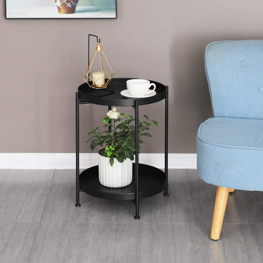 2-Tier Metal Round Tray Side Table - Small Folding Accent Coffee Table with Anti-Rust & Waterproof Finish - Perfect for Living Room, Bedroom, Balcony & Office - Black