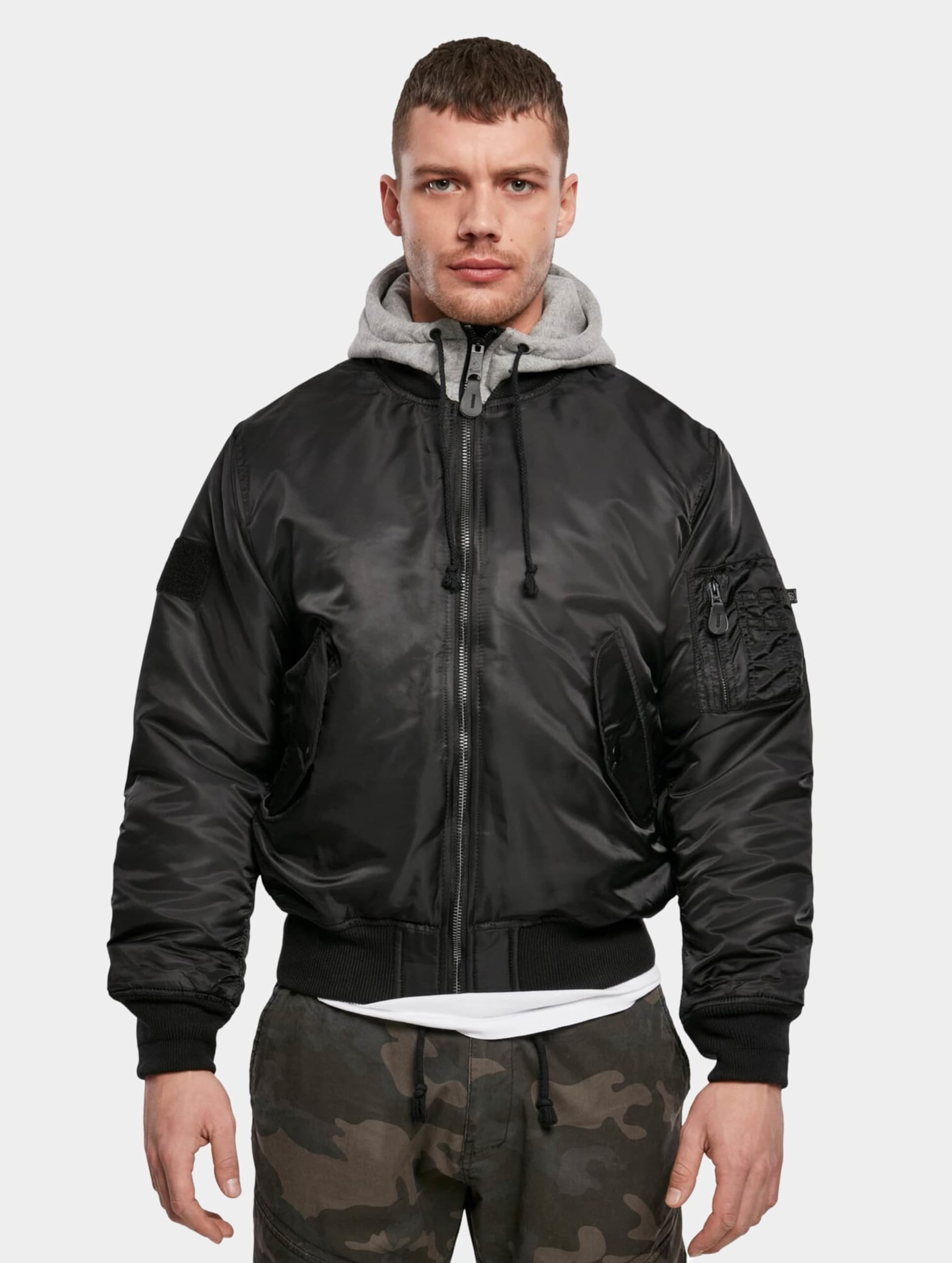 MA1 Bomber Hooded Jacket for Men - Black/Grey 5XL - Windproof Flight Jacket with Warm Lining - Perfect for Winter, Outdoor Activities & Casual Wear
