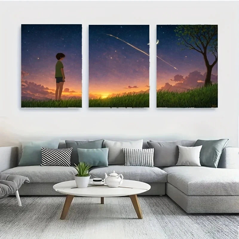 3-Piece Metal Print Wall Art - Boy Standing on Grassy Hill - Ready to Hang - Perfect for Nursery, Kids Room & Home Decor