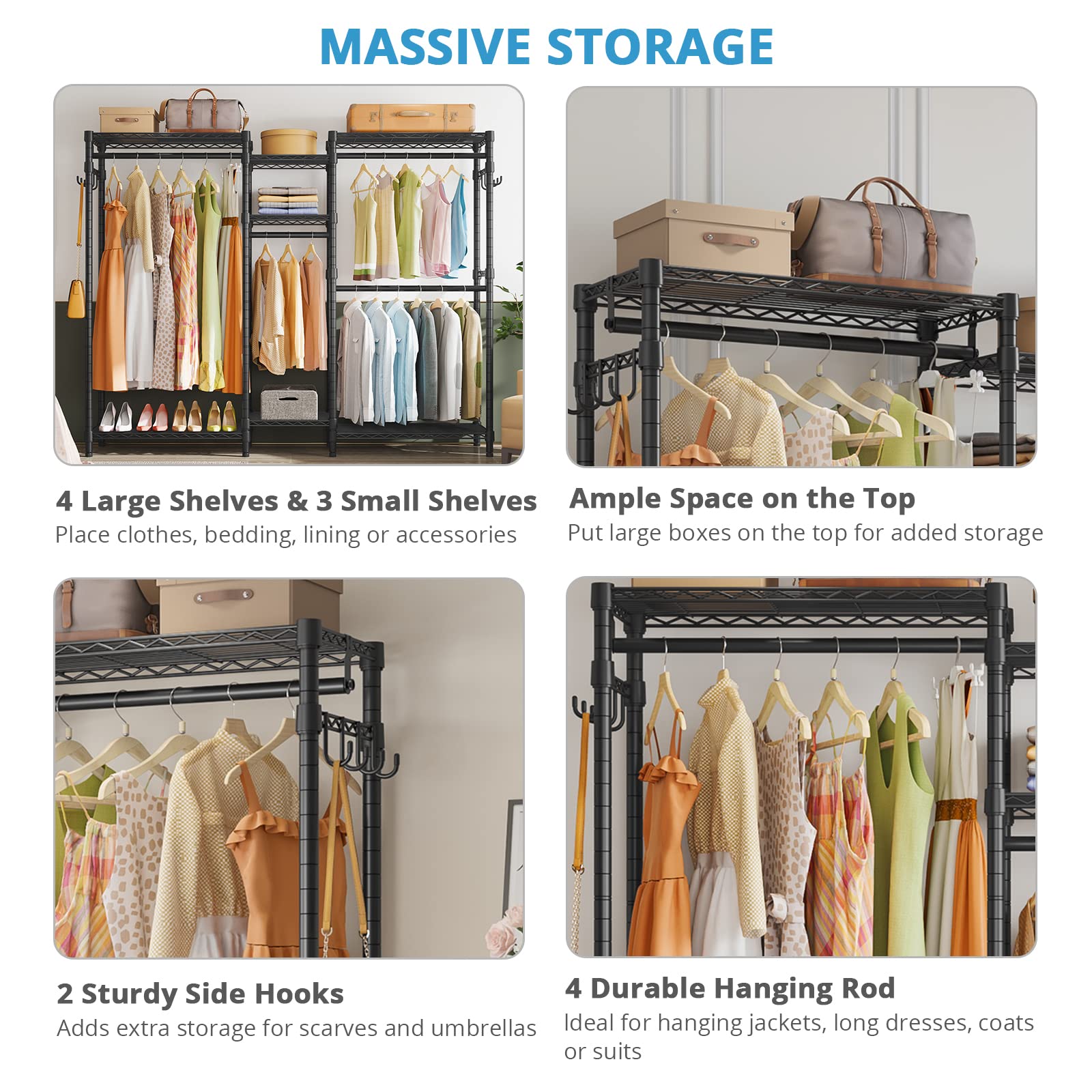 Heavy Duty Metal Clothing Rack with Shelves - Adjustable Freestanding Garment Rack for Bedroom, Portable Wardrobe Organizer - Perfect for Hanging Clothes, Storing Shoes & Organizing Accessories (Black)