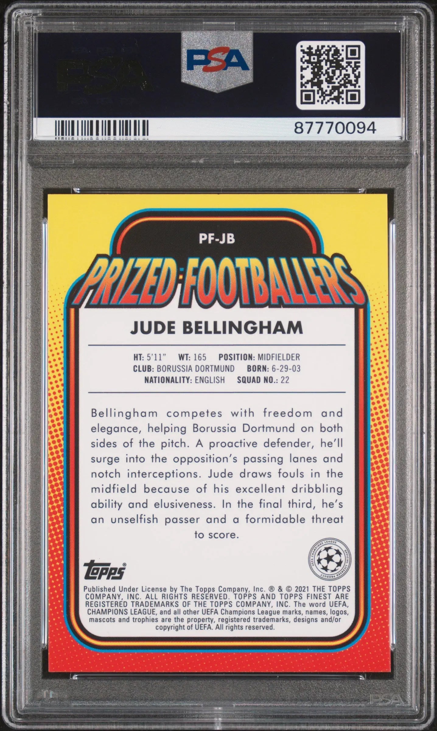 2020 Topps Finest UEFA Champions League Prized Footballers Jude Bellingham Rookie Card PSA 8 - Perfect for Soccer Collectors, Investors & Sports Memorabilia Enthusiasts