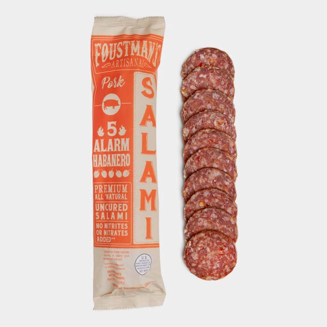 Foustman's Artisanal 5 Alarm Habanero Salami Pork Sticks - Nitrate-Free, Naturally Cured, Gluten-Free & Dairy-Free (8 Oz) | Perfect for Camping, Hiking & Keto Snacks