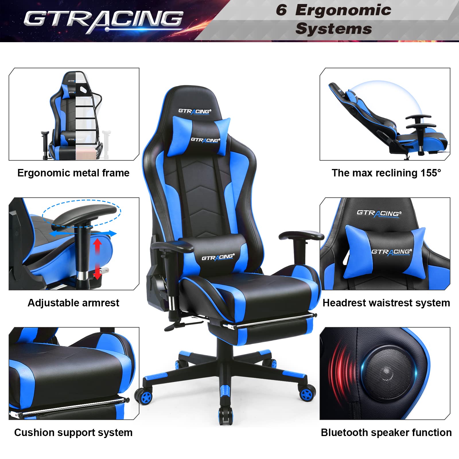 GTRACING Ergonomic Gaming Chair with Adjustable Footrest & Bluetooth Speakers - Heavy Duty Computer Office Desk Chair for Video Games & Work (Blue) - Perfect for Gaming, Streaming & Home Office Use