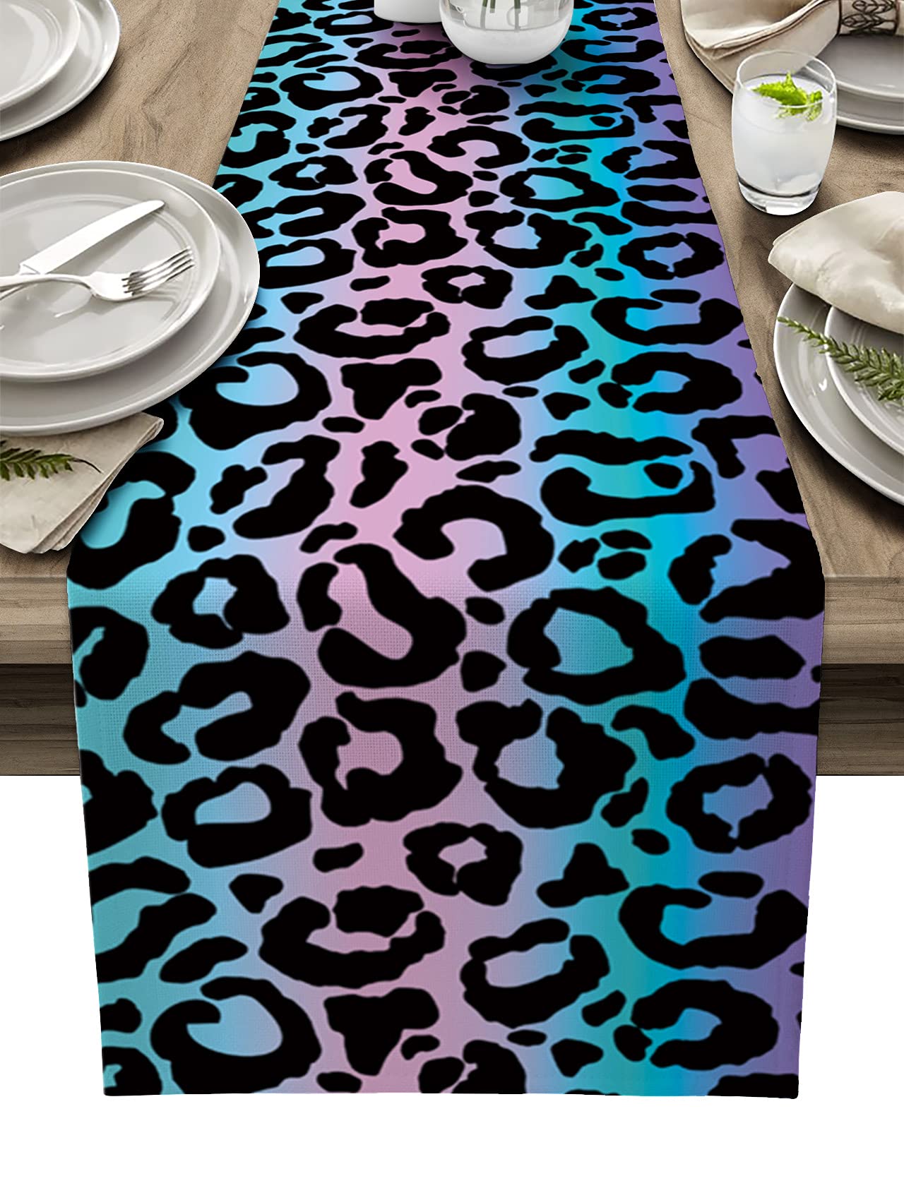 Savannan Gradient Leopard Print Cotton Linen Table Runner - 18x72 Inch Long Kitchen Dining Table Scarf for Home Decor, Family Dinners & Party Gatherings | Perfect for Holiday Entertaining & Everyday Use