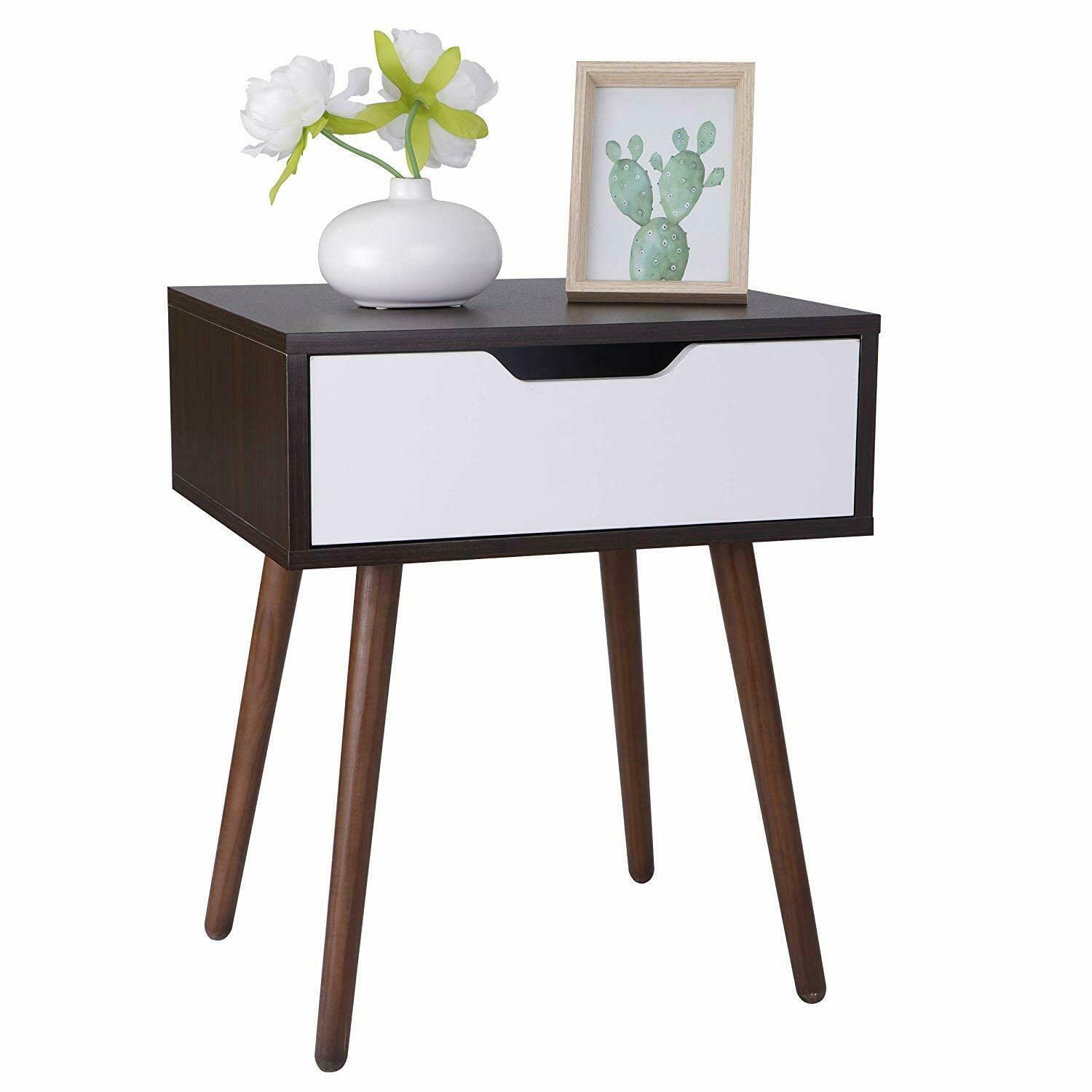 Wooden Side End Table with Drawer - Smiley Handle Nightstand for Bedroom, Small Desk, Dresser - Espresso & White Finish - Perfect for Bedside Storage, Living Room Accent, or Office Organization (9755126)