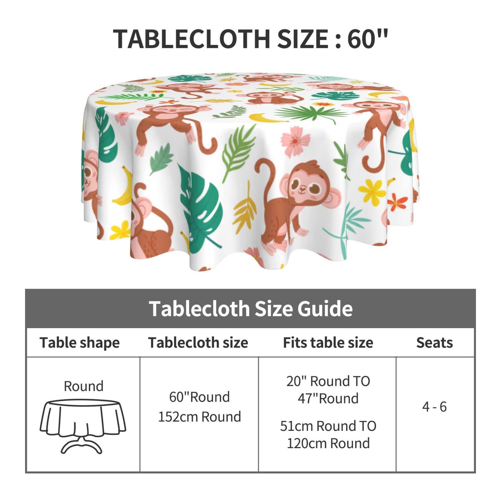 60 Inch Round Monkey Themed Tablecloth - Waterproof Spill Proof Table Cover with Baby Monkey, Banana & Tropical Leaves Design for Birthday Party, Picnic, Camping, Dinner & Outdoor Decor