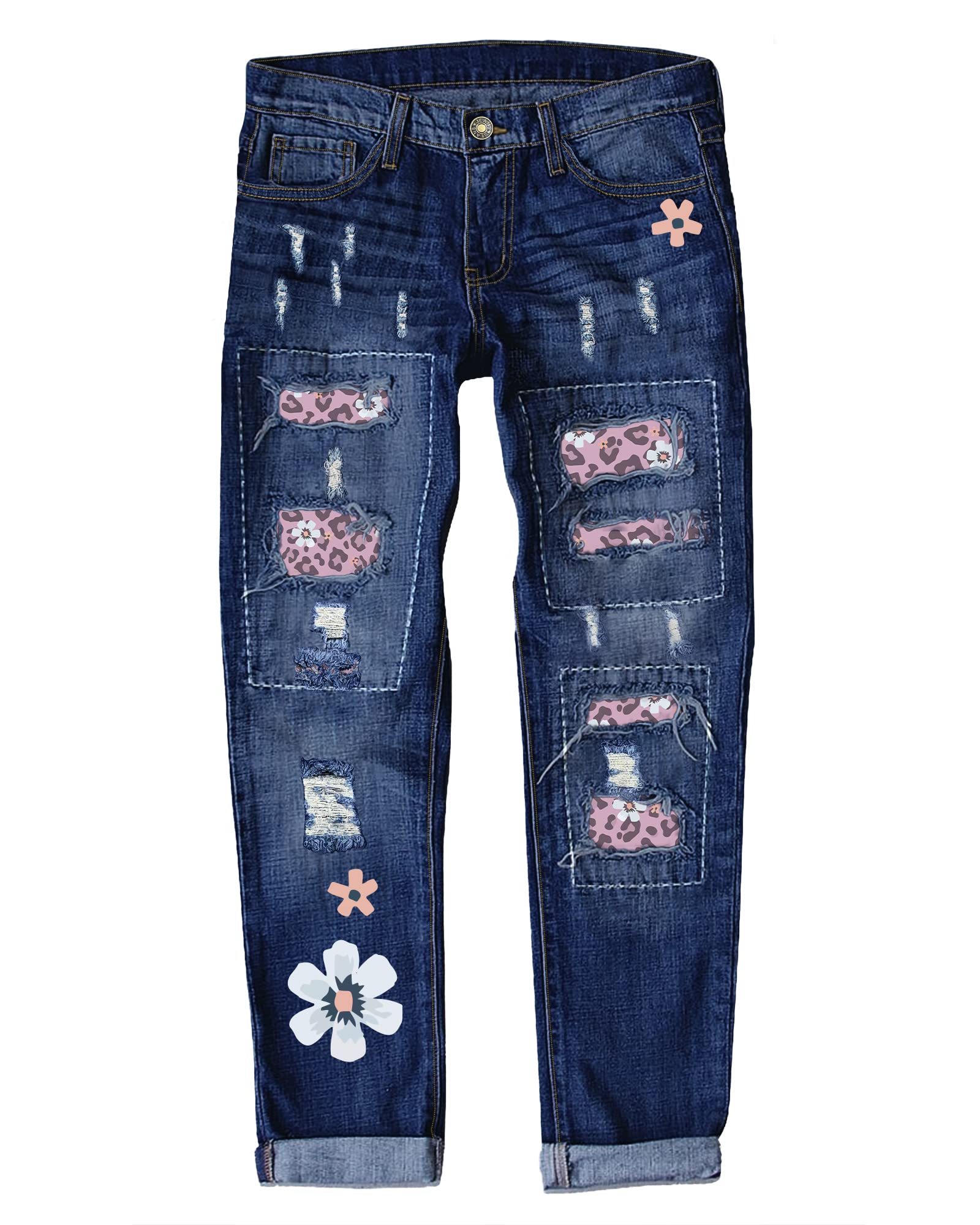 Luvamia Women's Ripped Boyfriend Jeans - Stretch Distressed Patchwork Denim Pants for Casual Wear & Street Style