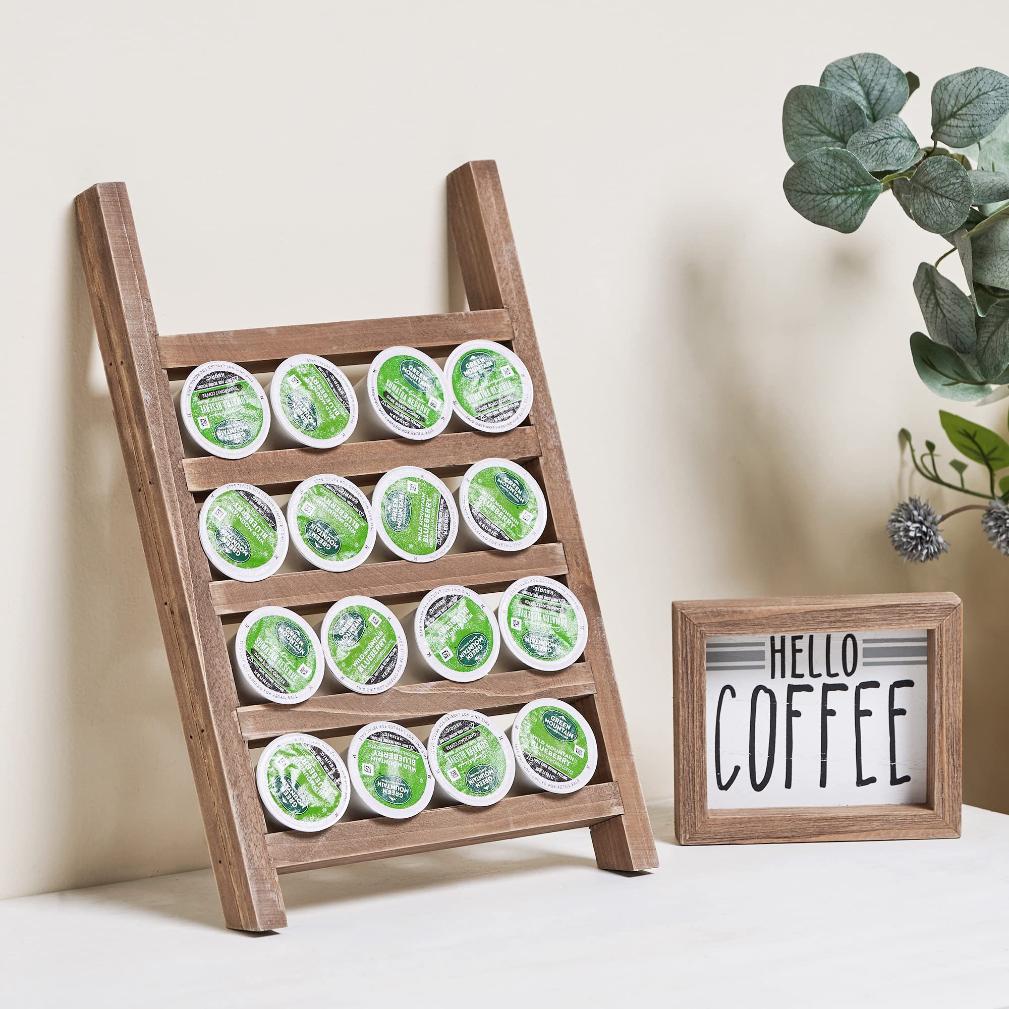 GENMOUS Wooden K-Cups Holder for Countertop - Farmhouse Style Coffee Pod Organizer with Rustic Decor Sign - Kitchen Storage & Coffee Station Accessories in Brown - Perfect for Home, Office, and Coffee Bar Decor