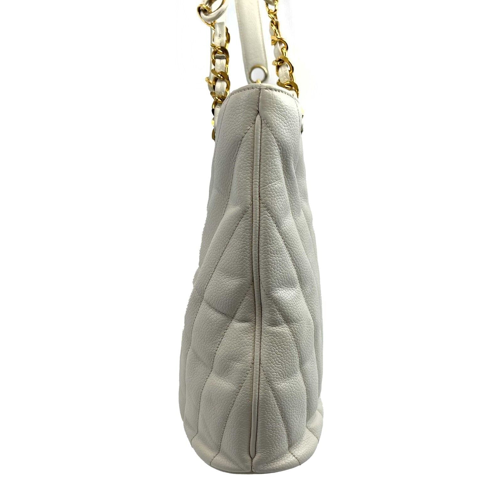 Vintage CHANEL 1994 White Leather Small Chevron Tote Shoulder Bag - Luxury Designer Handbag for Women, Perfect for Everyday Use & Special Occasions