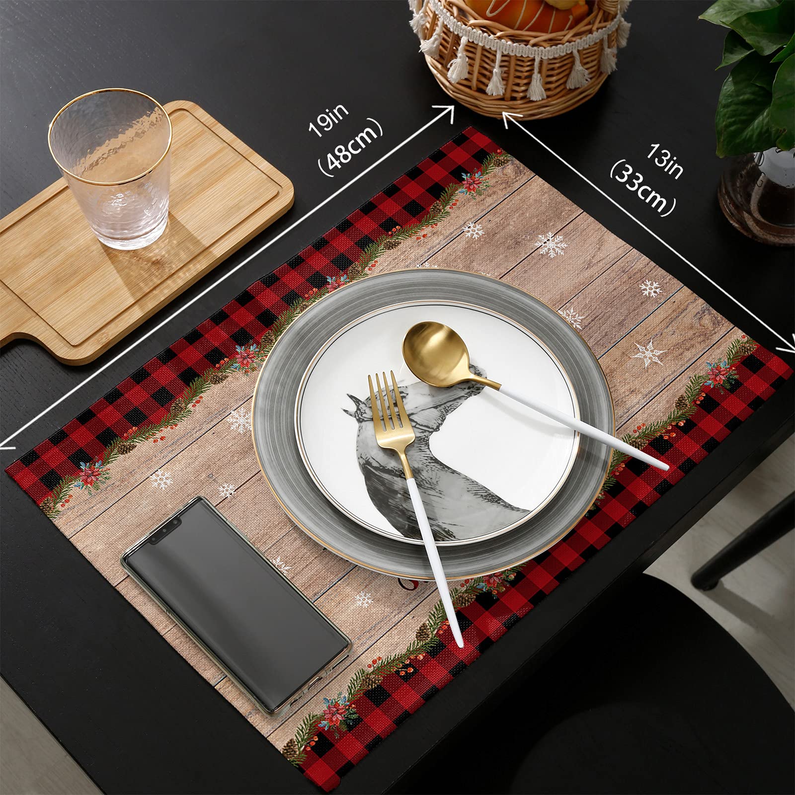 Festive Buffalo Plaid Christmas Tree Placemats - Set of 4, Snowflake Design Thermal Insulated Non-Slip Table Mats for Holiday Dining Decor, Washable Wood Grain Kitchen Table Mats - Perfect for Christmas Dinner, Winter Parties & Cozy Family Gatherings