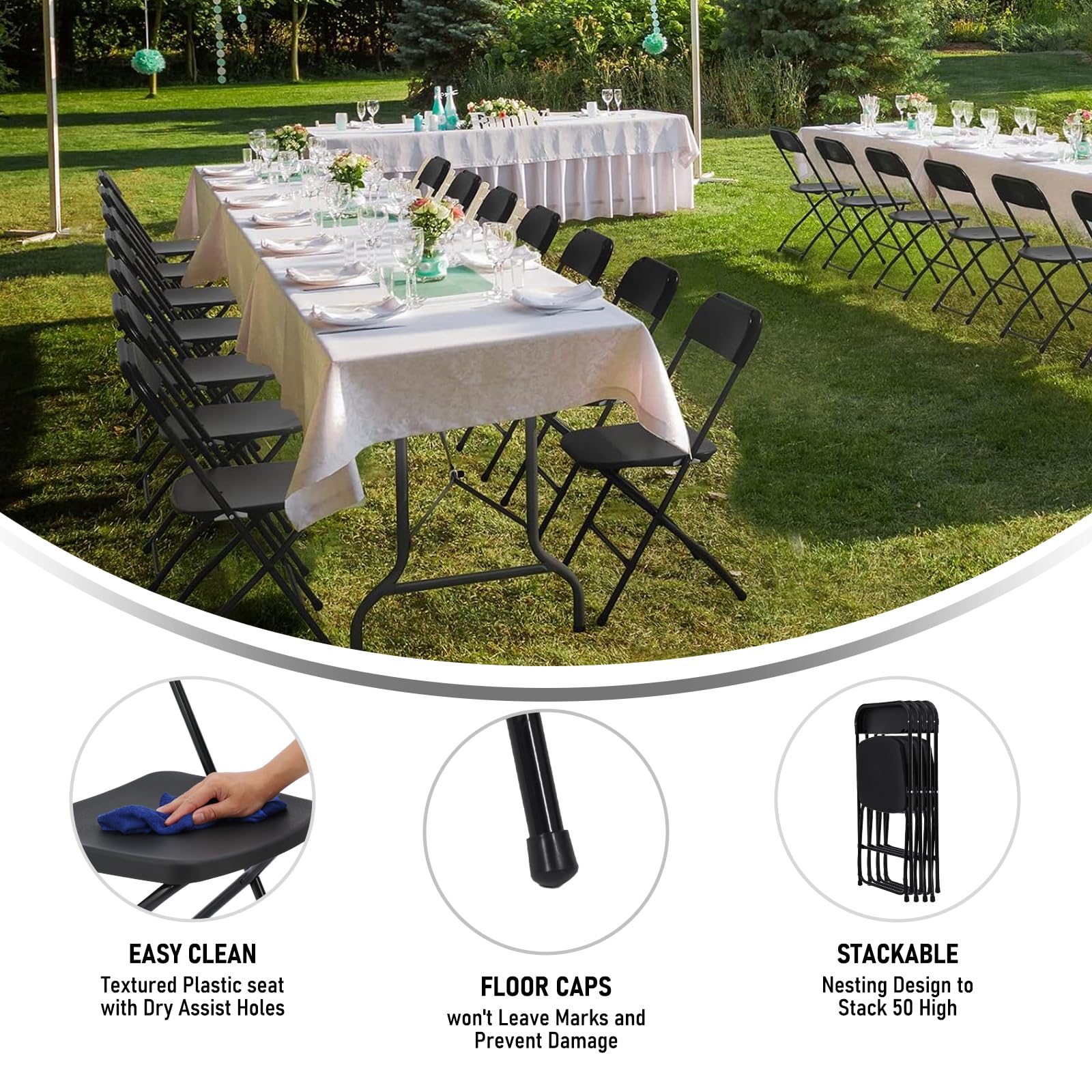 10 Pack Black Plastic Folding Chairs - Heavy Duty 350lb Capacity, Steel Frame Indoor Outdoor Commercial Use for Office, Wedding, Party, Events - Perfect for Banquets, Picnics, and Backyard Gatherings