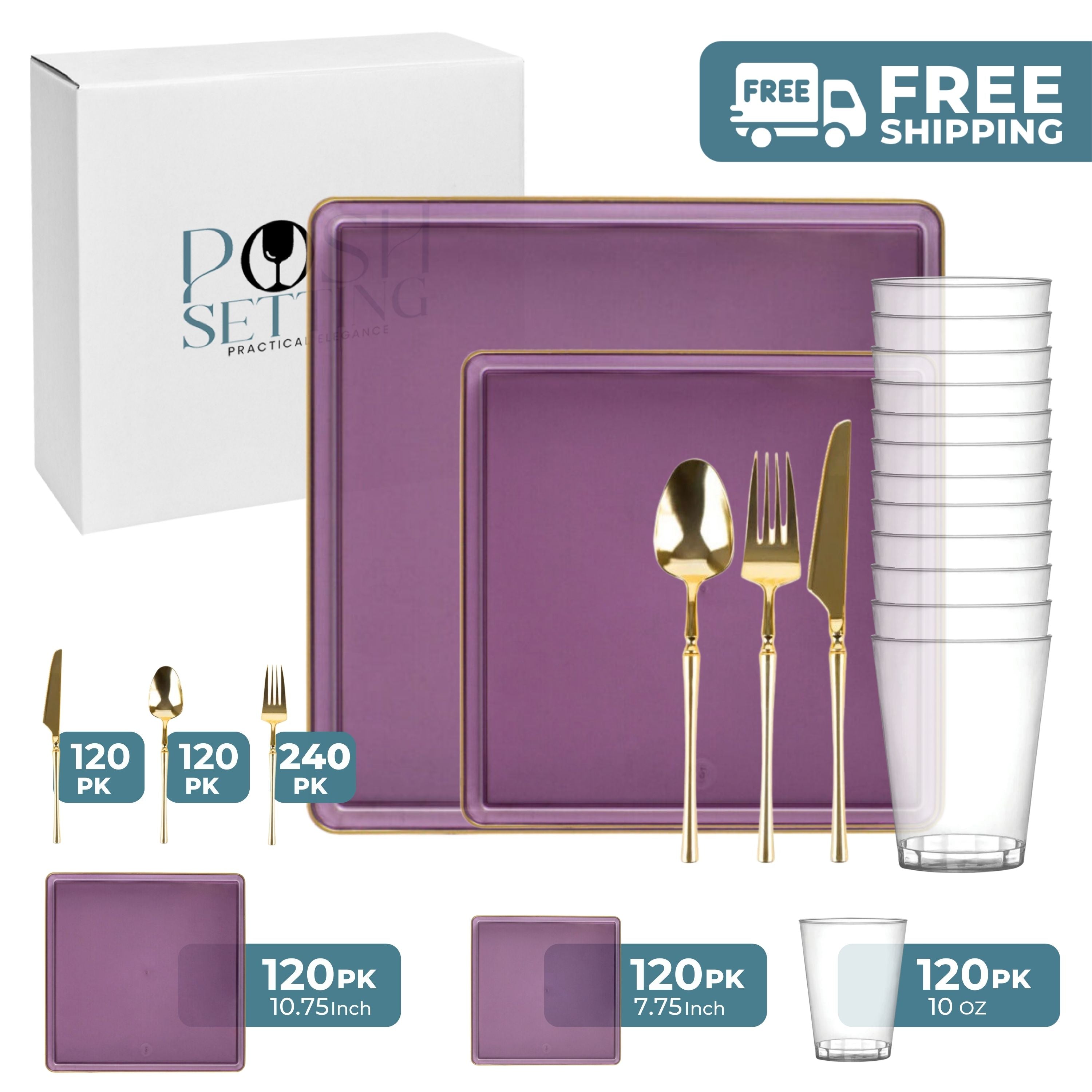 Purple and Gold Plastic Party Bundle - Square Edge Disposable Plates, Cups & Cutlery Set for Birthday, Wedding & Celebration Decorations