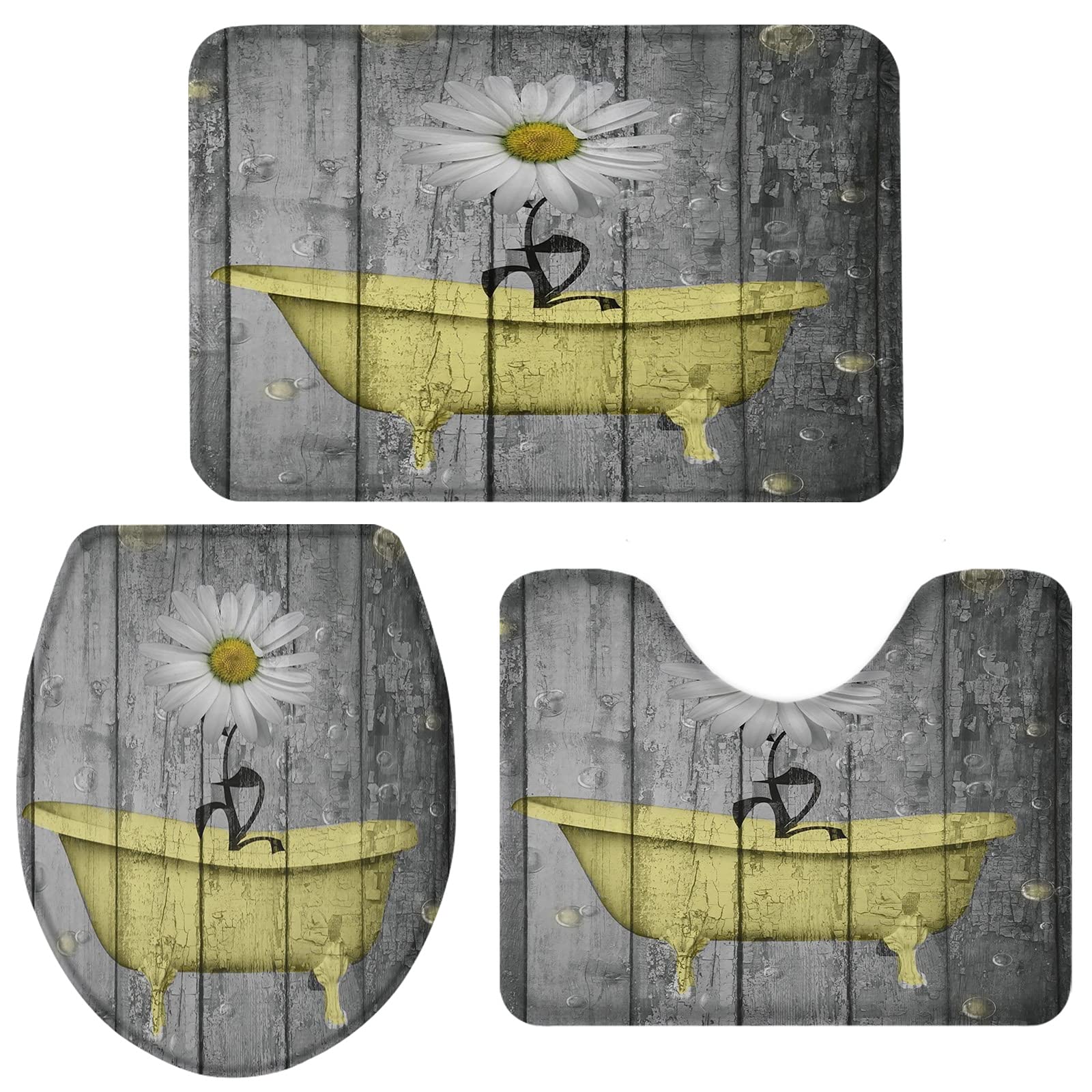 3-Piece Sunflower Bathroom Rug Set - Non-Slip Absorbent Toilet Mat, Bathtub Mat & Shower Rug with Wooden Board - Washable & Fast Drying Bath Mats for Bathroom Floor - Perfect for Modern Bathrooms & Spa-Like Showers