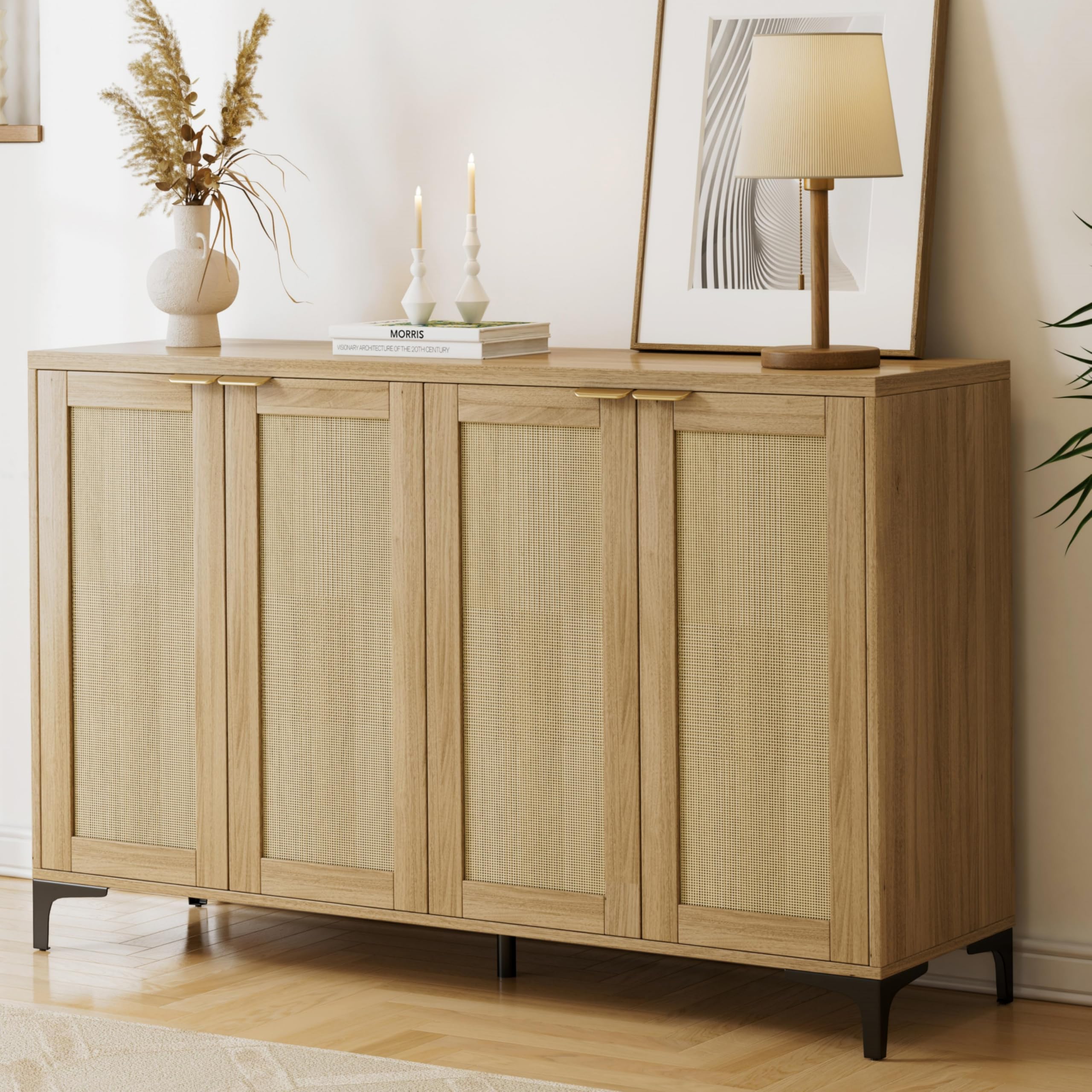 Rattan Sideboard Buffet Cabinet with 4 Doors, Adjustable Shelves & Metal Feet - Natural Wood Storage Console for Dining Room, Living Room | Perfect for Home Decor, Entertaining Guests & Organizing Dishes