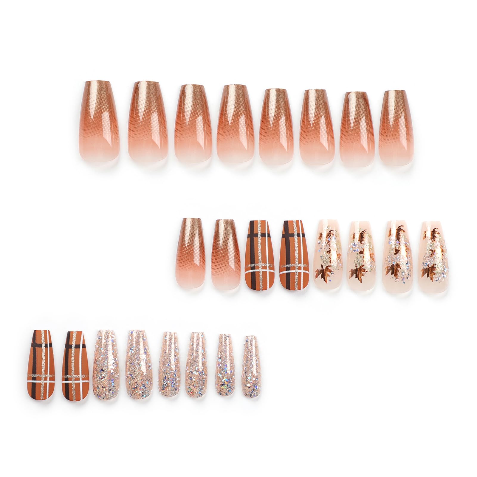 Fall Press On Nails - Medium Length Acrylic Maple Leaf Design with Brown Glitter Gradient for Women | Autumn Nail Art for Parties, Halloween, Thanksgiving & Daily Wear