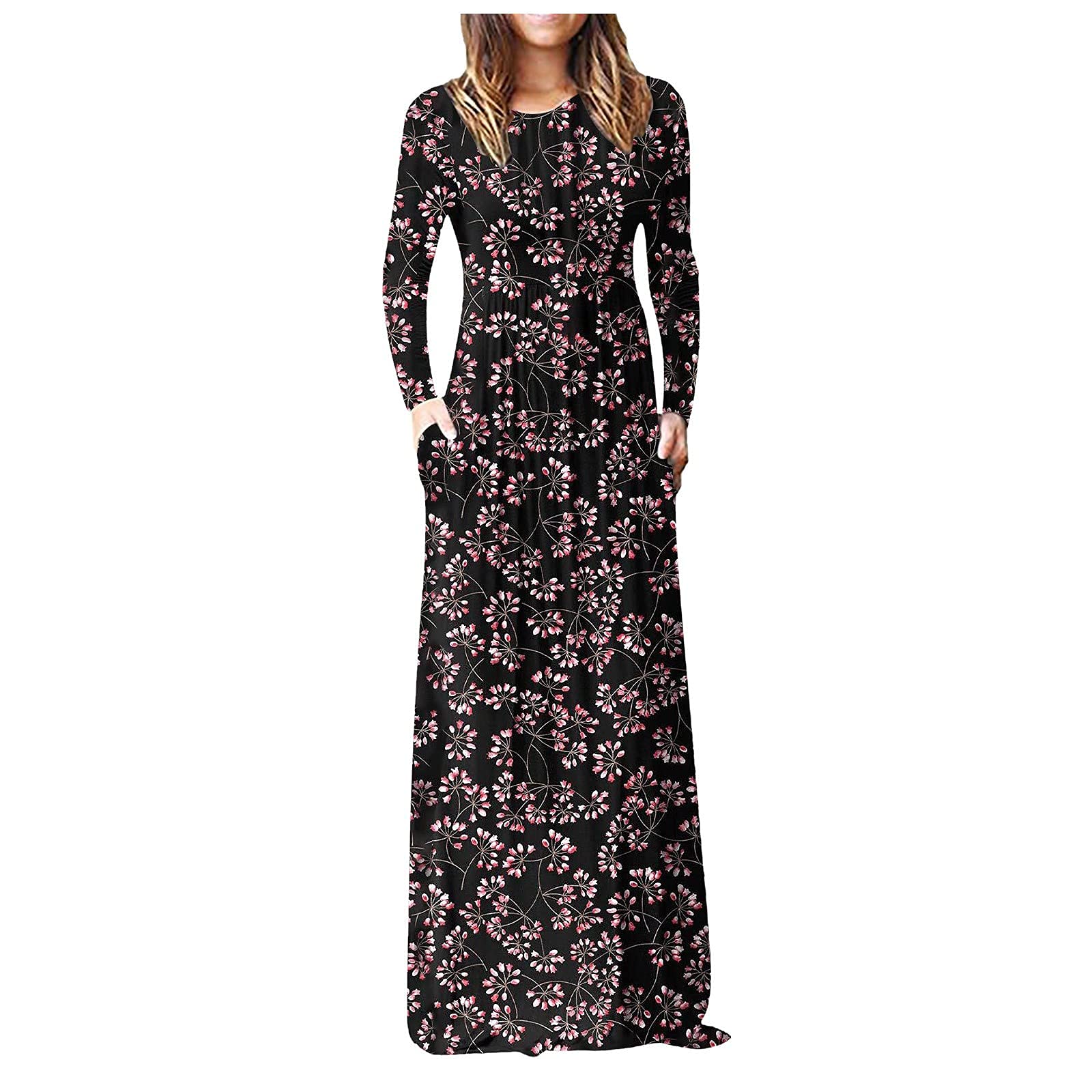 Women's Floral Print Long Sleeve Maxi Dress - Fall Hemlock Slim Fit Evening Party Gown with Pockets | Elegant Floor Length Dress for Weddings, Date Nights & Special Occasions