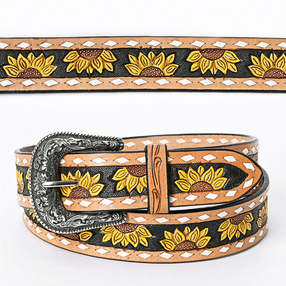American Darling Tooled Sunflower Belt - Handcrafted Leather Western Belt for Women - Perfect for Country Rodeo, Cowgirl Fashion & Western Outfits