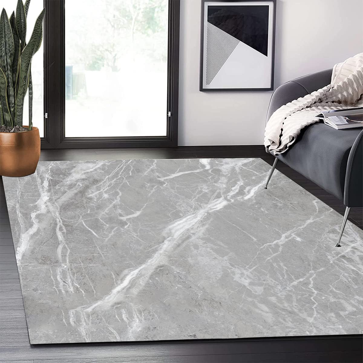 Distressed Modern Abstract Marble Area Rug 5x8 - Non-Shedding Soft Grey White Carpet for Living Room, Bedroom, Office - Indoor Floor Rug for Dining Table, Accent Decor & Cozy Spaces