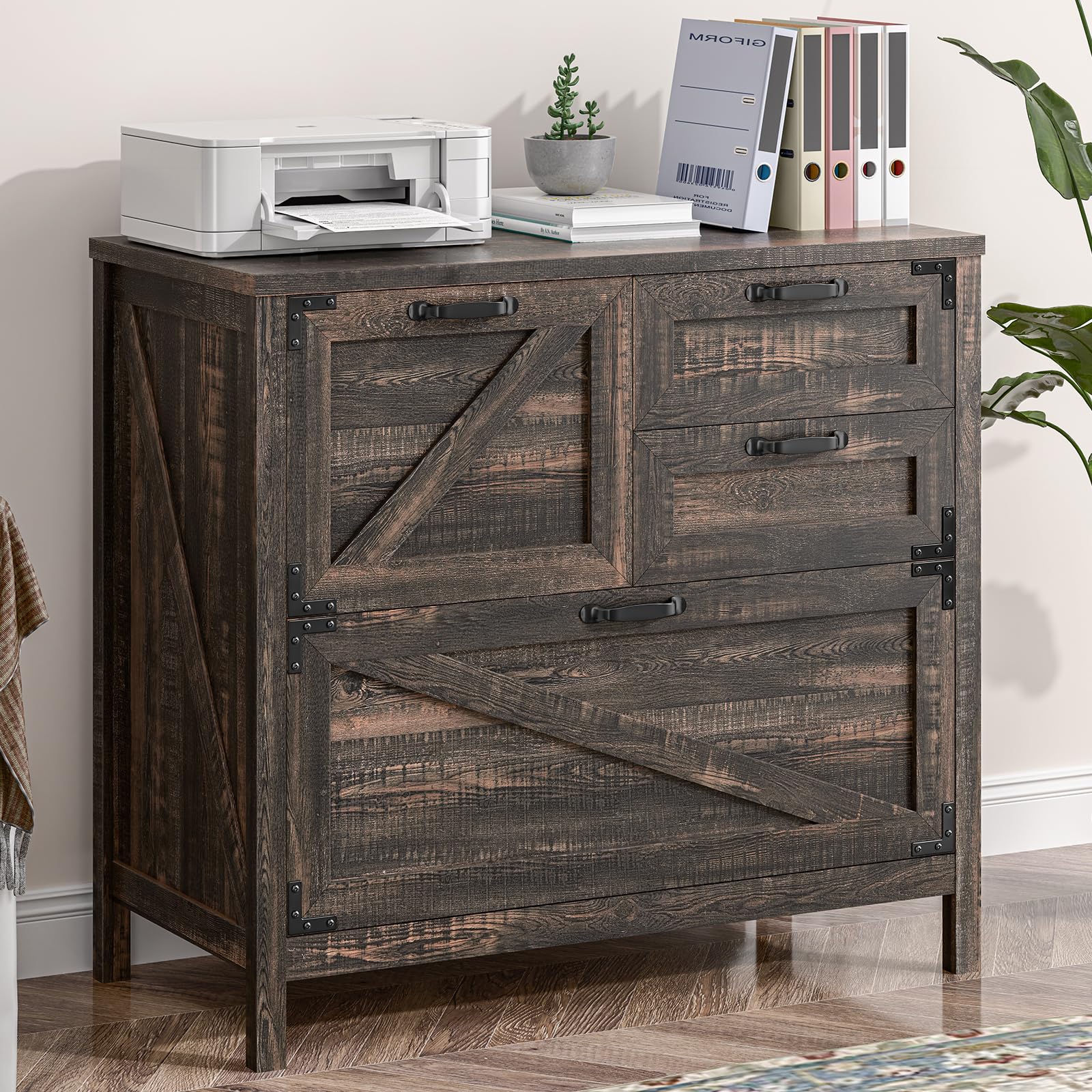 4-Drawer Wood Lateral File Cabinet for Hanging Files - Letter/A4/Legal Size Storage - Farmhouse Style Office Furniture - Dark Rustic Oak Finish - Perfect for Home Office, Printer Stand & Document Organization
