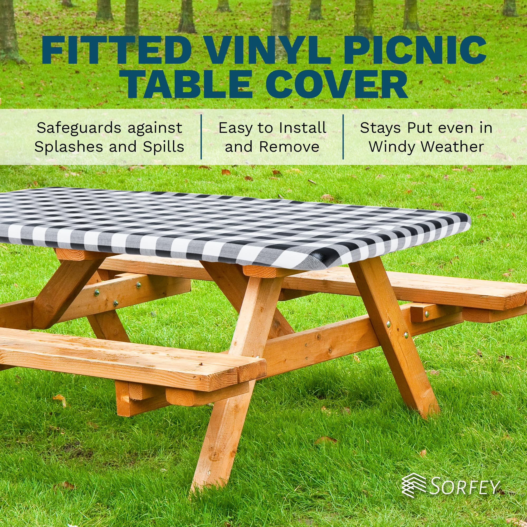 Sorfey Waterproof Picnic Table Cover - Elastic Fitted Vinyl with Flannel Back, Fits 96