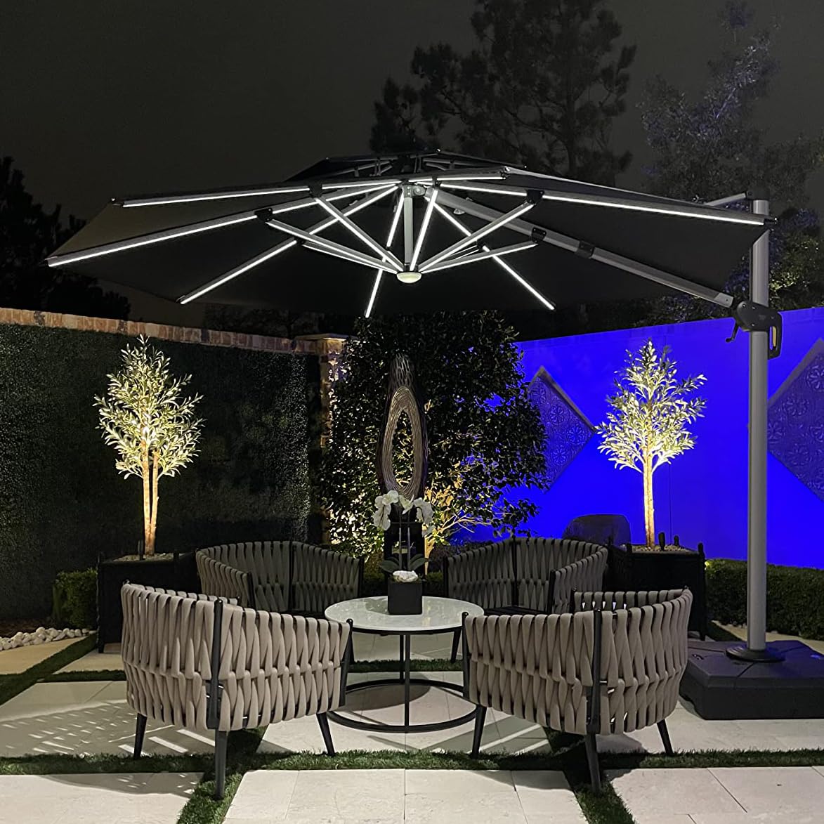 PURPLE LEAF 11ft Solar Powered LED Patio Umbrella - Large Windproof Cantilever Outdoor Umbrella with LED Lights - Heavy Duty Sun Shade for Garden, Deck, Pool & Backyard (Black) | Perfect for Outdoor Dining, Lounging and Entertaining