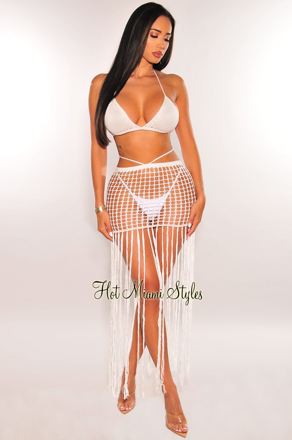 White Crochet Triangle Top Bikini Fringe Skirt 3-Piece Set - Boho Beachwear for Summer Vacation & Pool Party