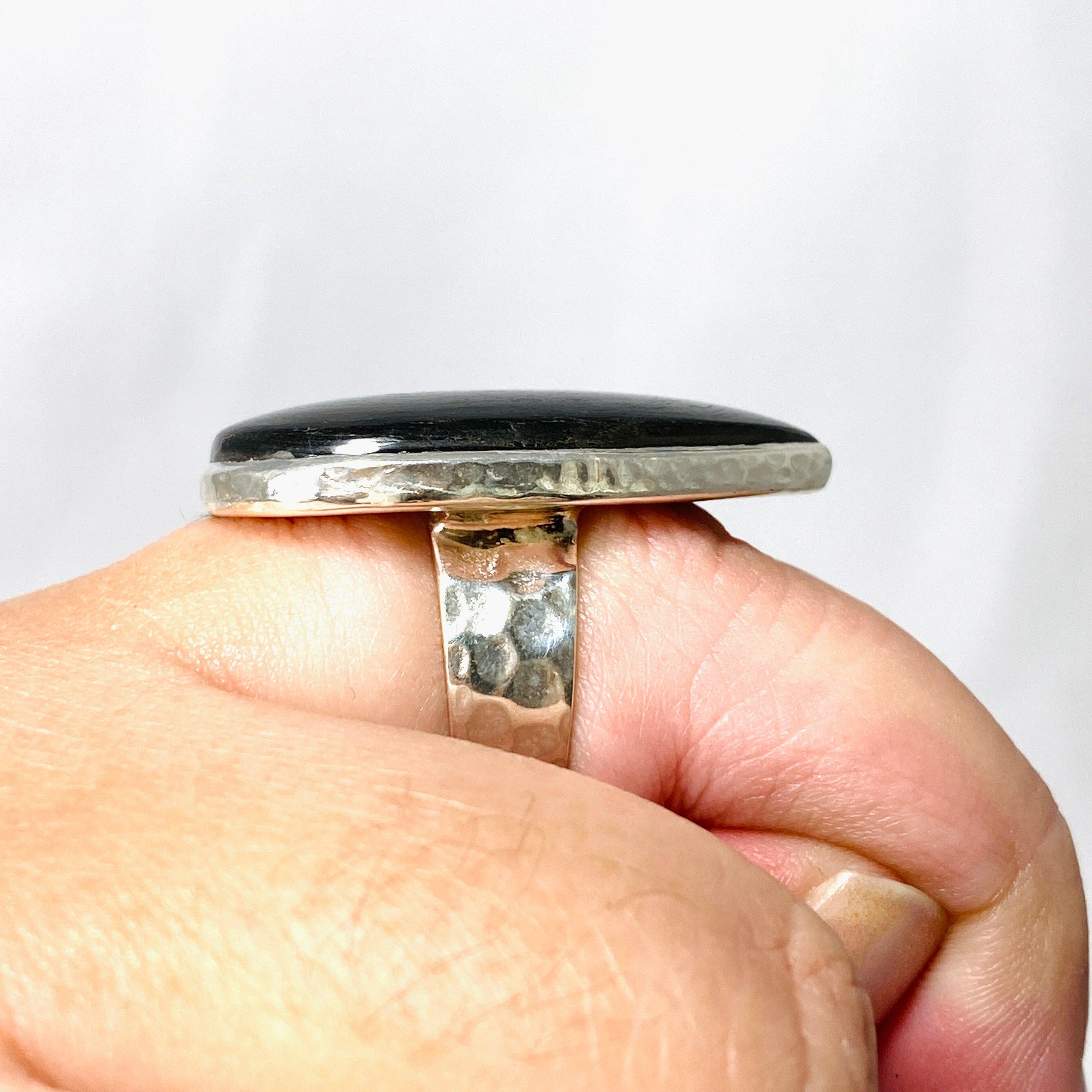 Hypersthene Teardrop Hammered Band Ring - Size 10 - KRGJ3151 | Handmade Boho Jewelry for Women, Gift for Her, Wedding, Anniversary & Everyday Wear