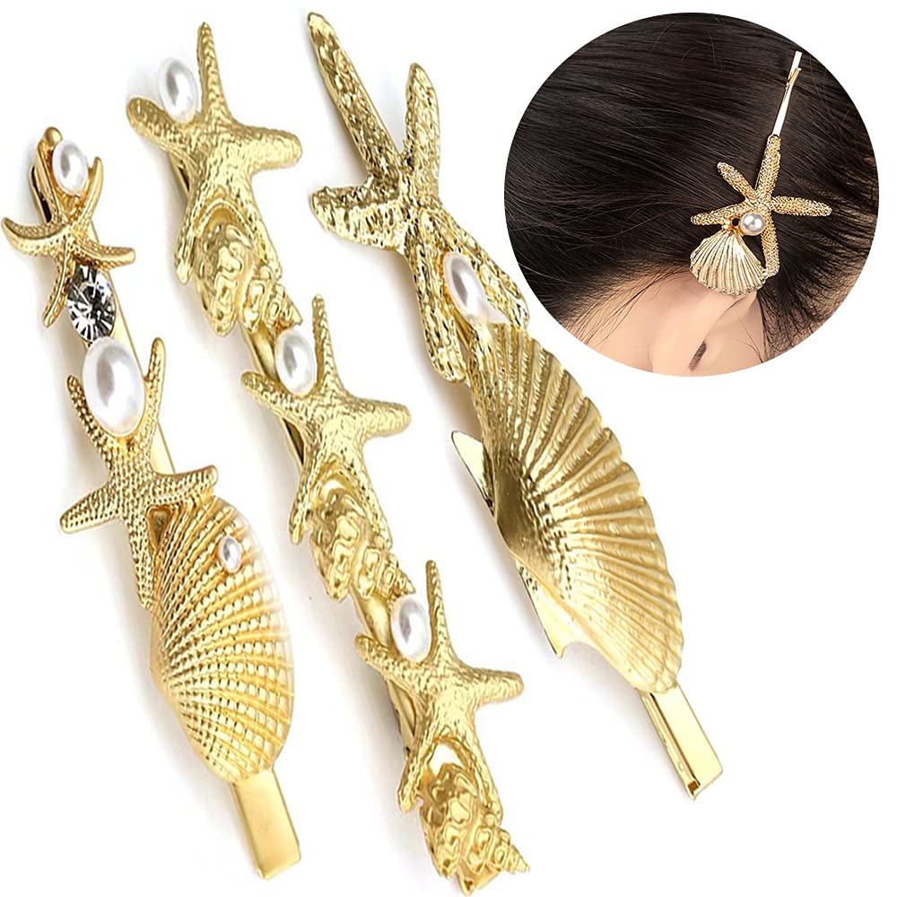 3Pcs Starfish Hair Clips with Pearls - Ocean Themed Hair Barrettes for Women & Girls - Perfect for Beach Weddings, Summer Vacations & Boho Hair Accessories
