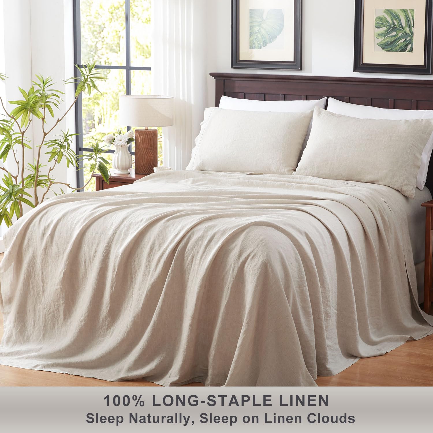 Premium 100% French Flax Linen Sheet Set - 4pc King Size Bedding (1 Flat Sheet, 1 Fitted Sheet, 2 Pillowcases) | Breathable & Eco-Friendly Natural Linen for Luxurious Comfort | Perfect for Hot Sleepers & Allergy Sufferers