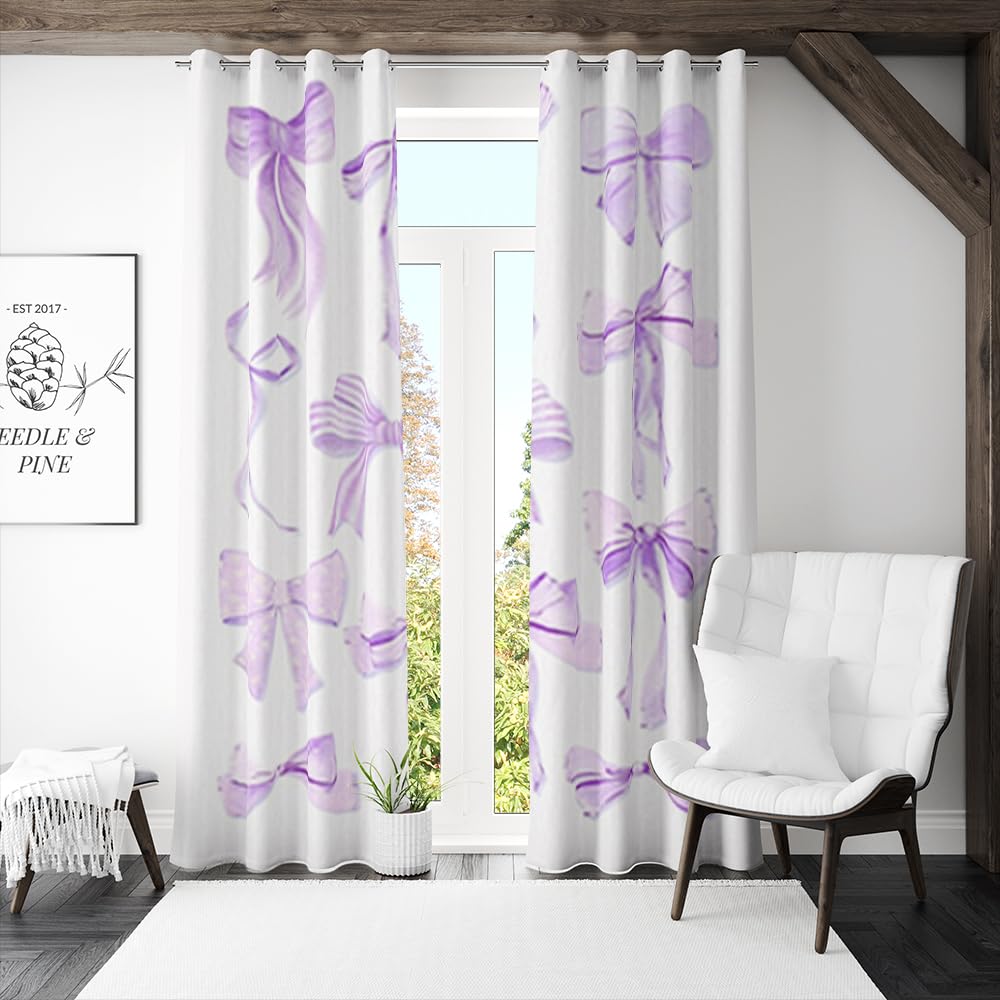 Preppy Purple Princess Curtains for Girls Bedroom - Coquette Bow Decor Sheer Window Panels (84x63 inches) - Perfect for Nursery, Kids Room & Teen Bedroom Decor