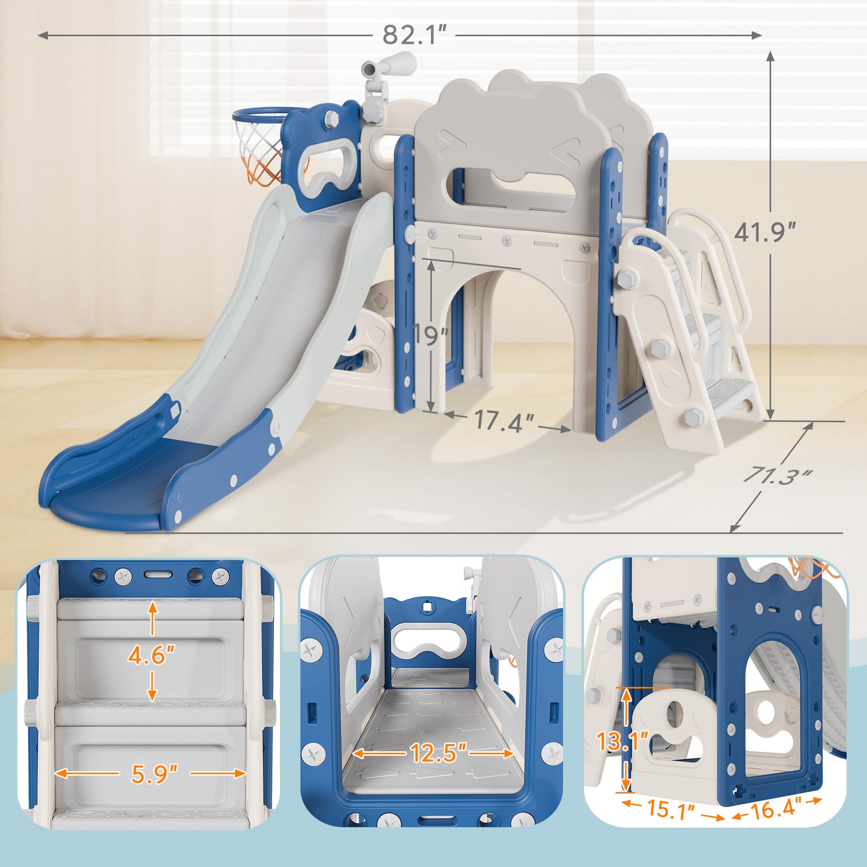 Babytronic 7-in-1 Toddler Slide Playset for Kids Ages 1-3 - Indoor & Outdoor Baby Slide with Basketball Hoop & Telescope - Blue & Gray Toddler Playground Equipment for Home, Backyard, Daycare & Preschool Play Areas