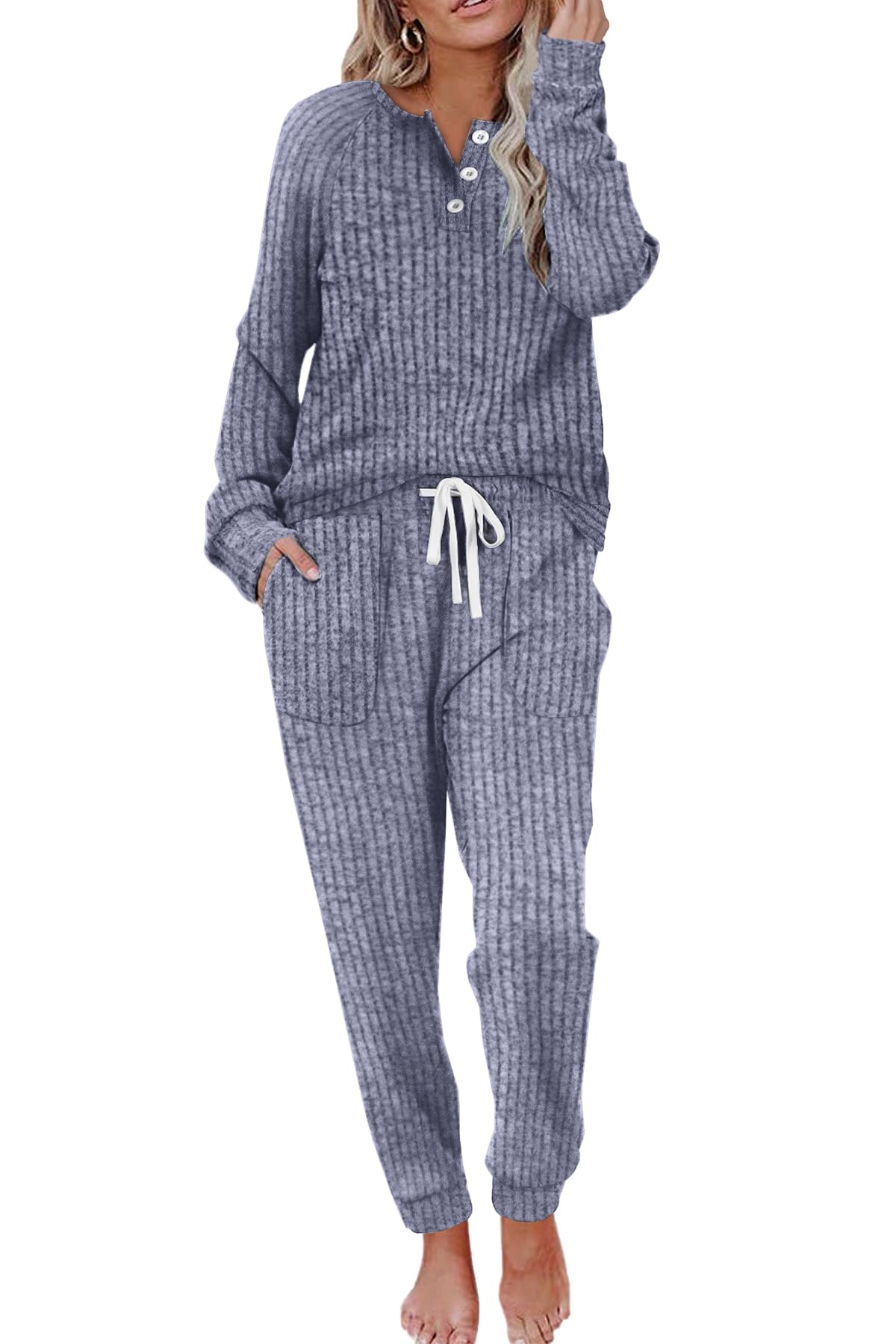 WIHOLL Women's Two Piece Lounge Set - Button Down Sweatshirt & Sweatpants Outfit with Pockets | Cozy Casual Wear for Home, Travel & Relaxation