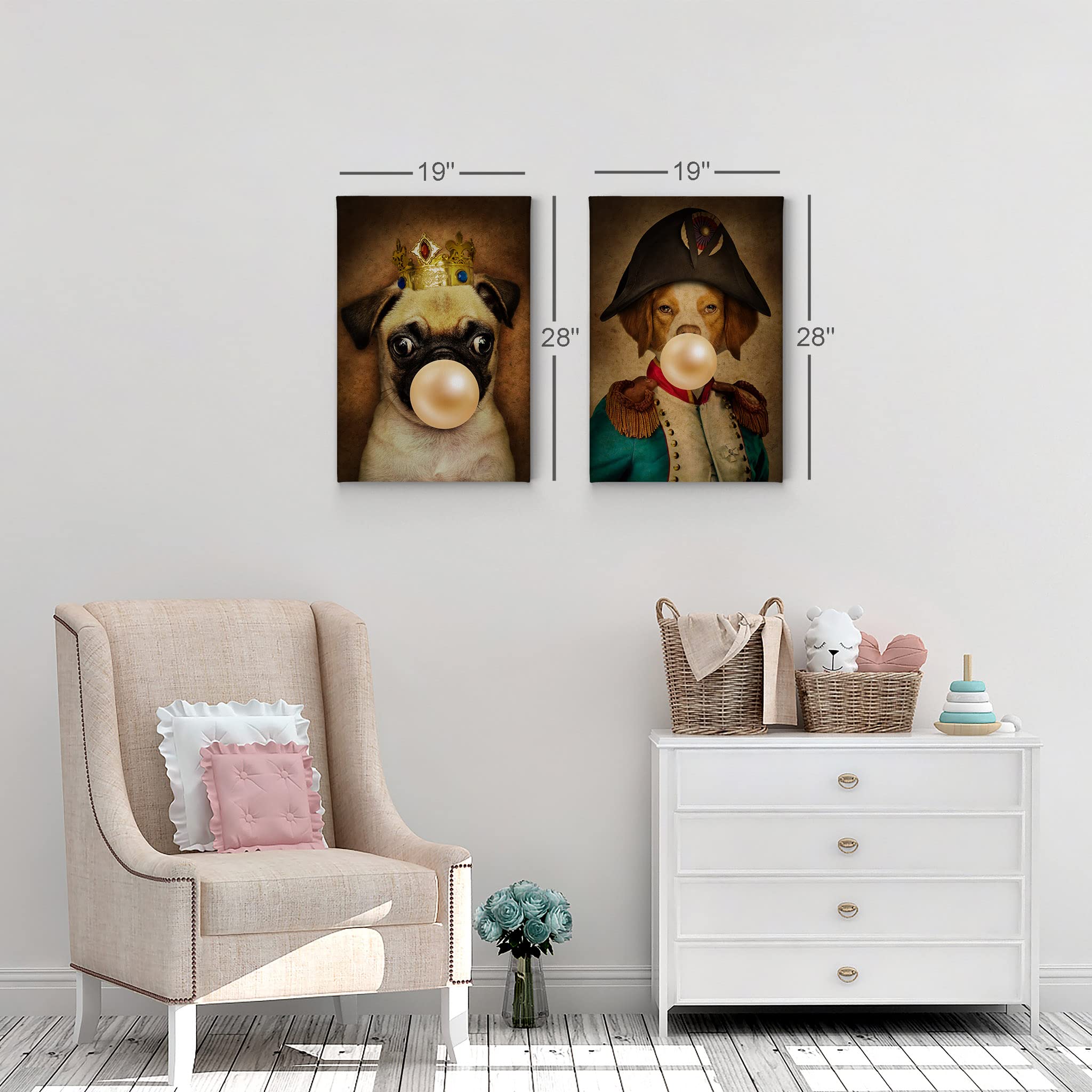 King Pug & Epagneul Breton Dog Portrait Canvas Art Set - Crowned Pug Chewing Bubble Gum Wall Decor for Living Room, Bedroom, Nursery (2-Piece 40x30 Inch)