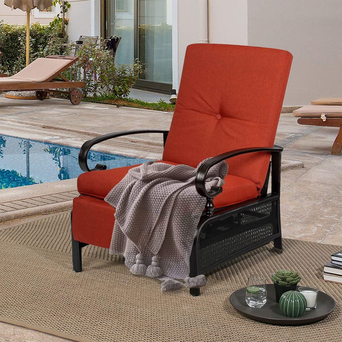 Oakcloud Adjustable Outdoor Lounge Chair - Metal Patio Recliner with Removable Cushions (Red) - Perfect for Backyard, Poolside & Beach Relaxation