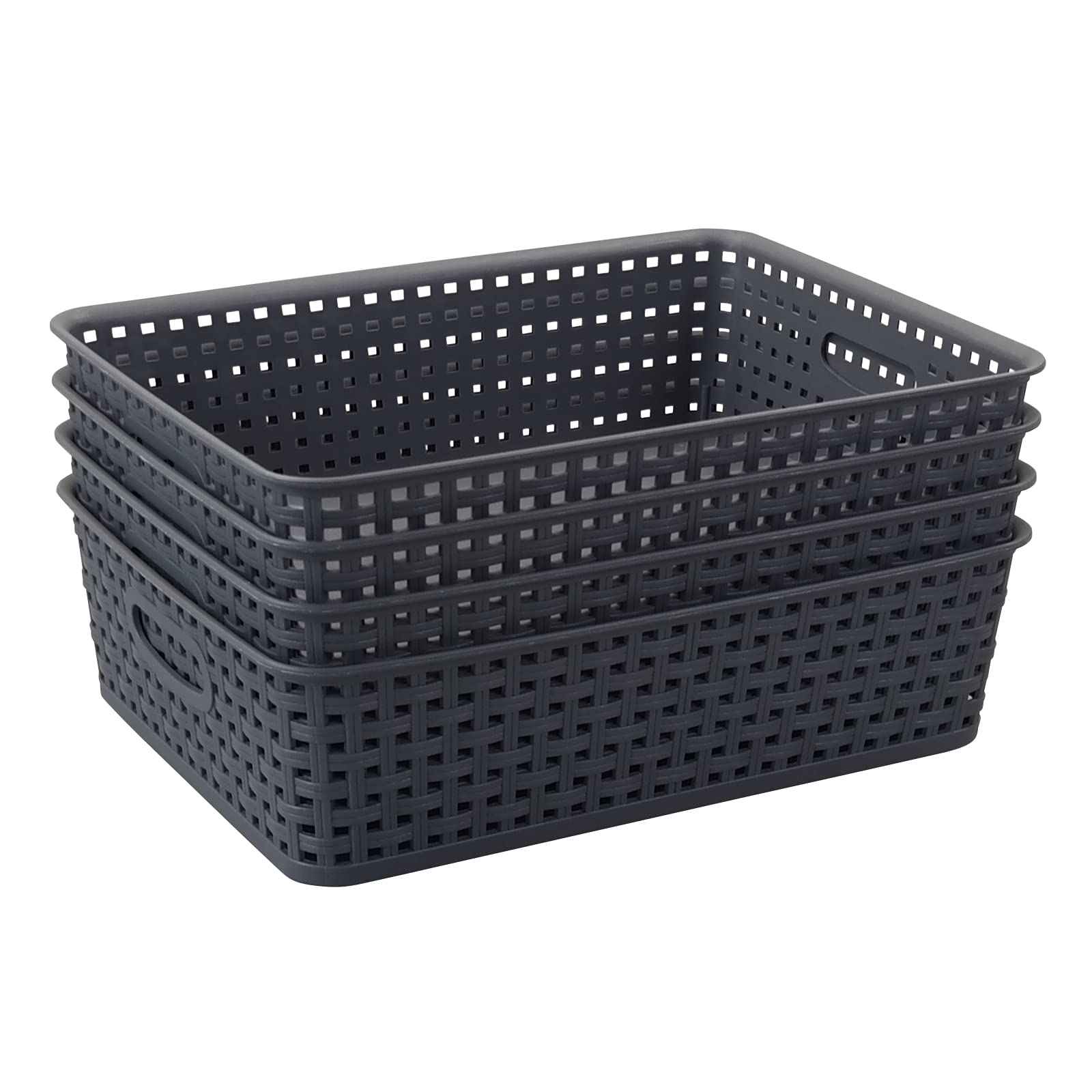 4-Pack Gray Plastic Storage Baskets & Shallow Trays - Organize Paper, Office Supplies & Household Items - Perfect for Desks, Shelves & Bathroom Organization