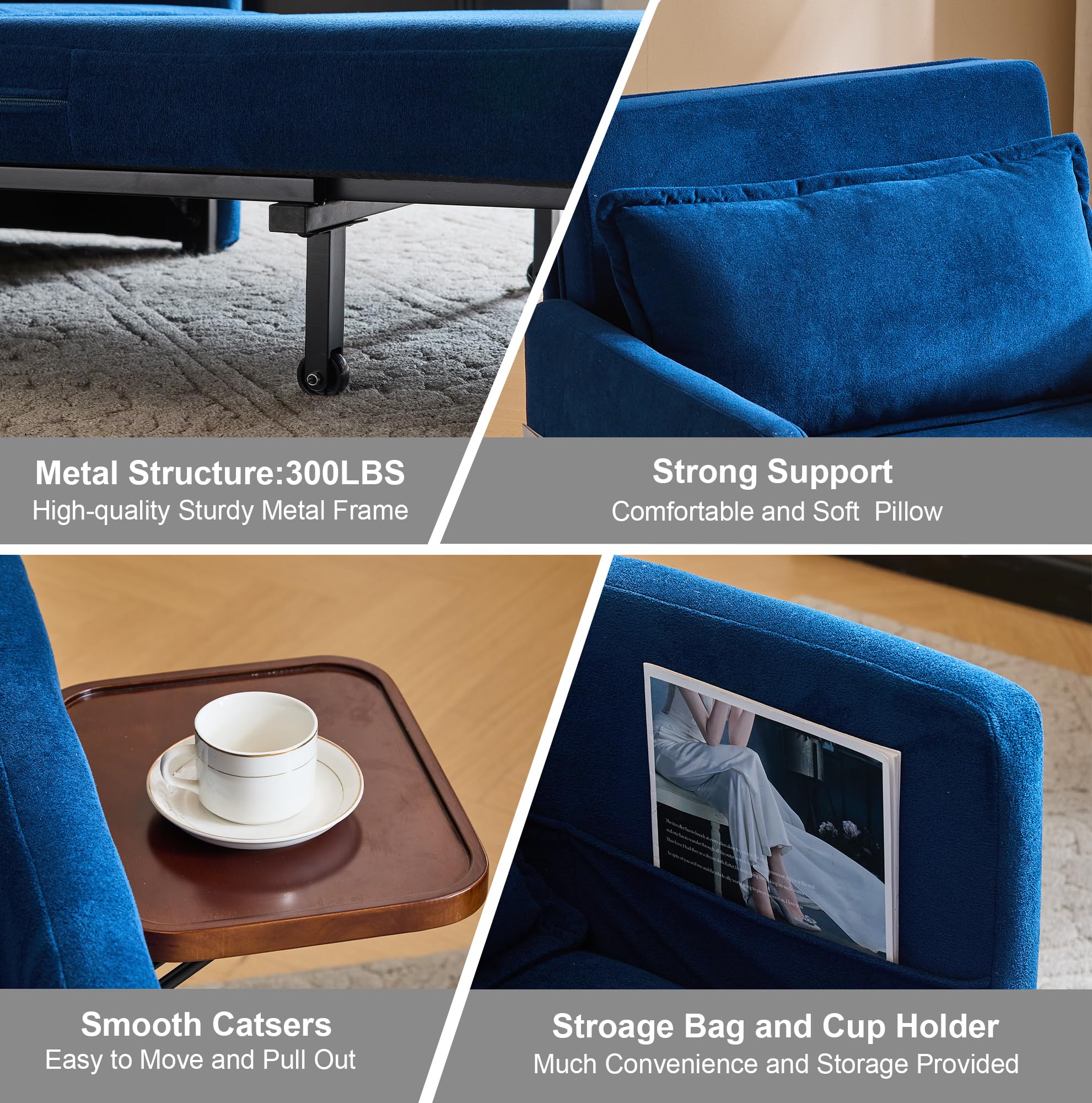 FlexiSpot 3-in-1 Convertible Sleeper Chair Bed with USB Port & Tray Table - Adjustable Backrest Sofa Bed for Small Spaces - Perfect for Apartments, Living Rooms & Guest Rooms (Blue)